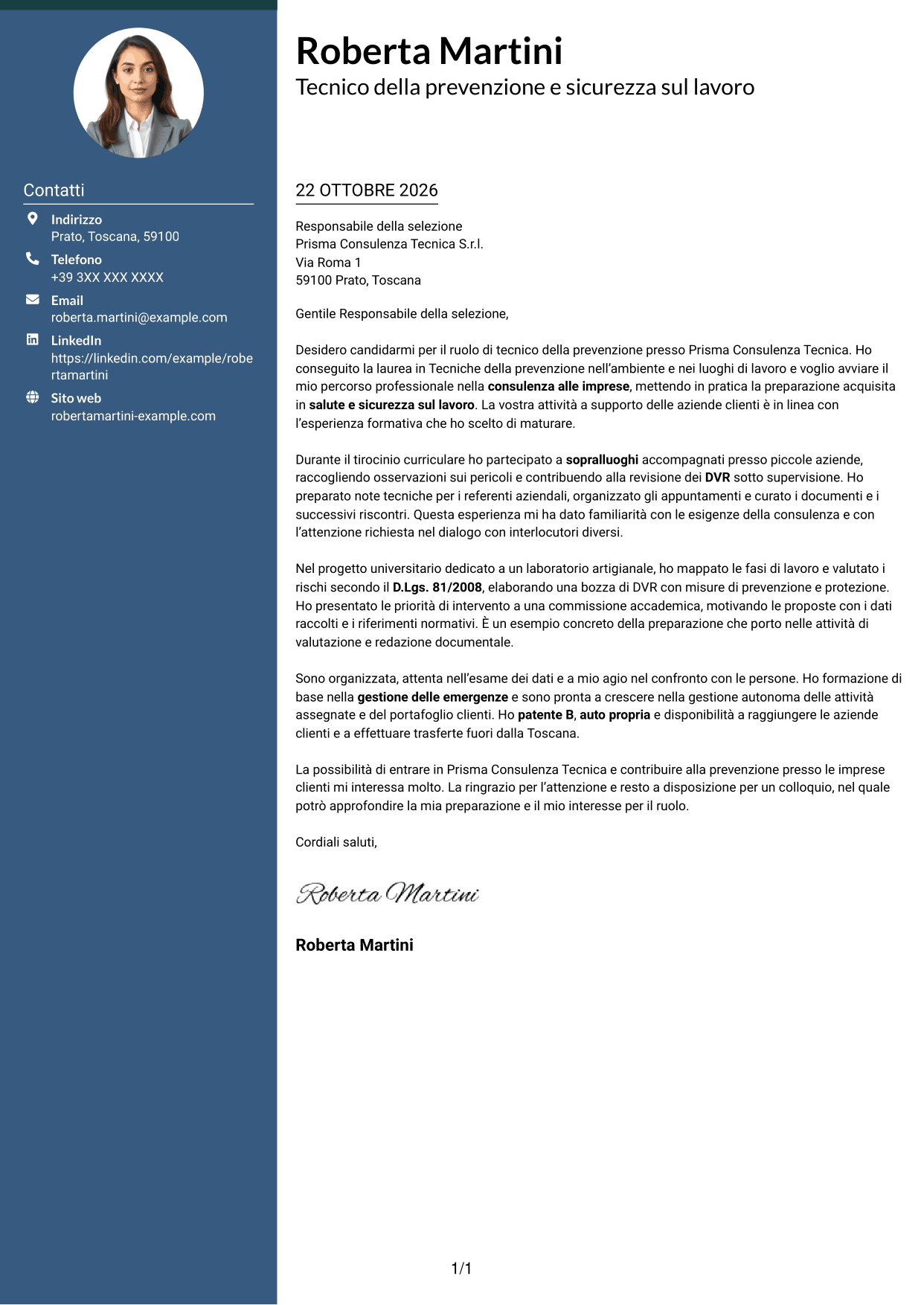 Lettera di presentazione Elegante (formato con colonna laterale colorata e foto): Tecnico della prevenzione e sicurezza sul lavoro, pagina 1