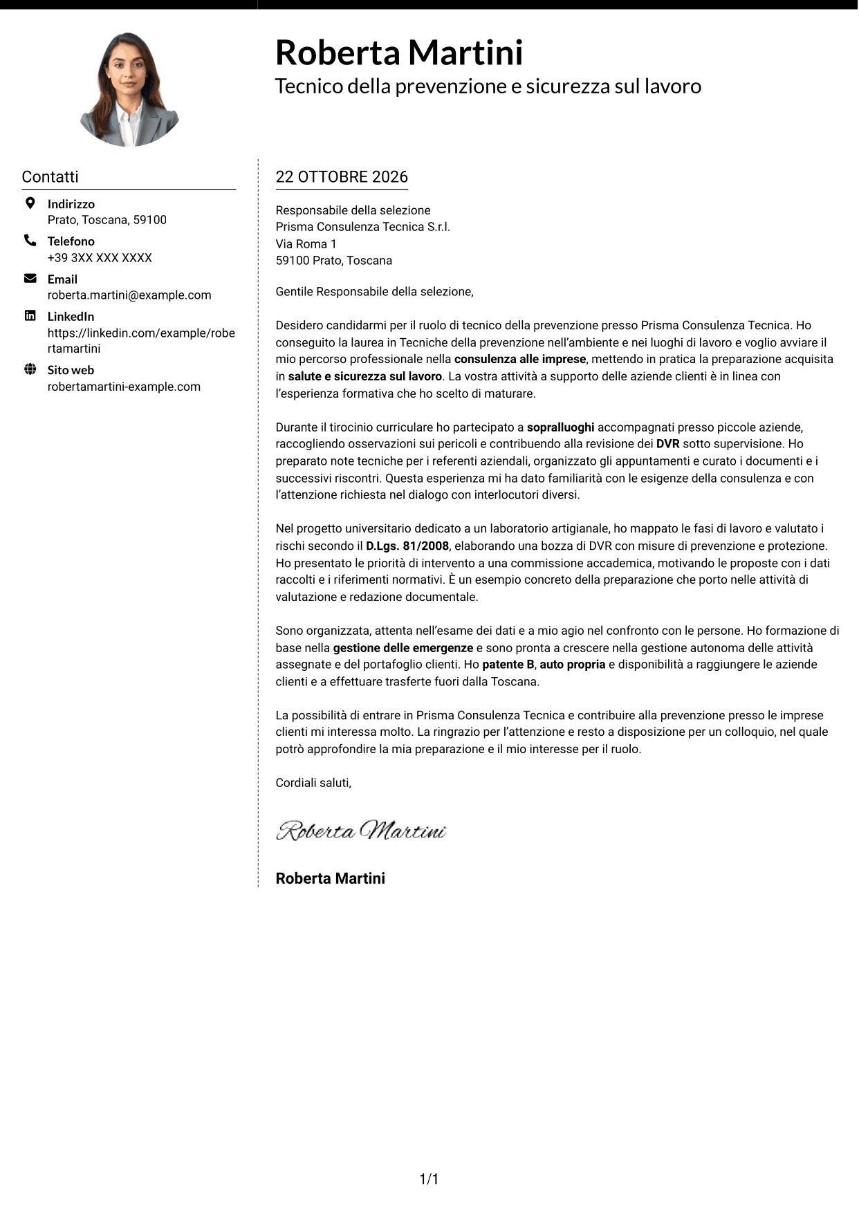 Lettera di presentazione Moderno (formato a due colonne con foto a sinistra e separatore): Tecnico della prevenzione e sicurezza sul lavoro, pagina 1