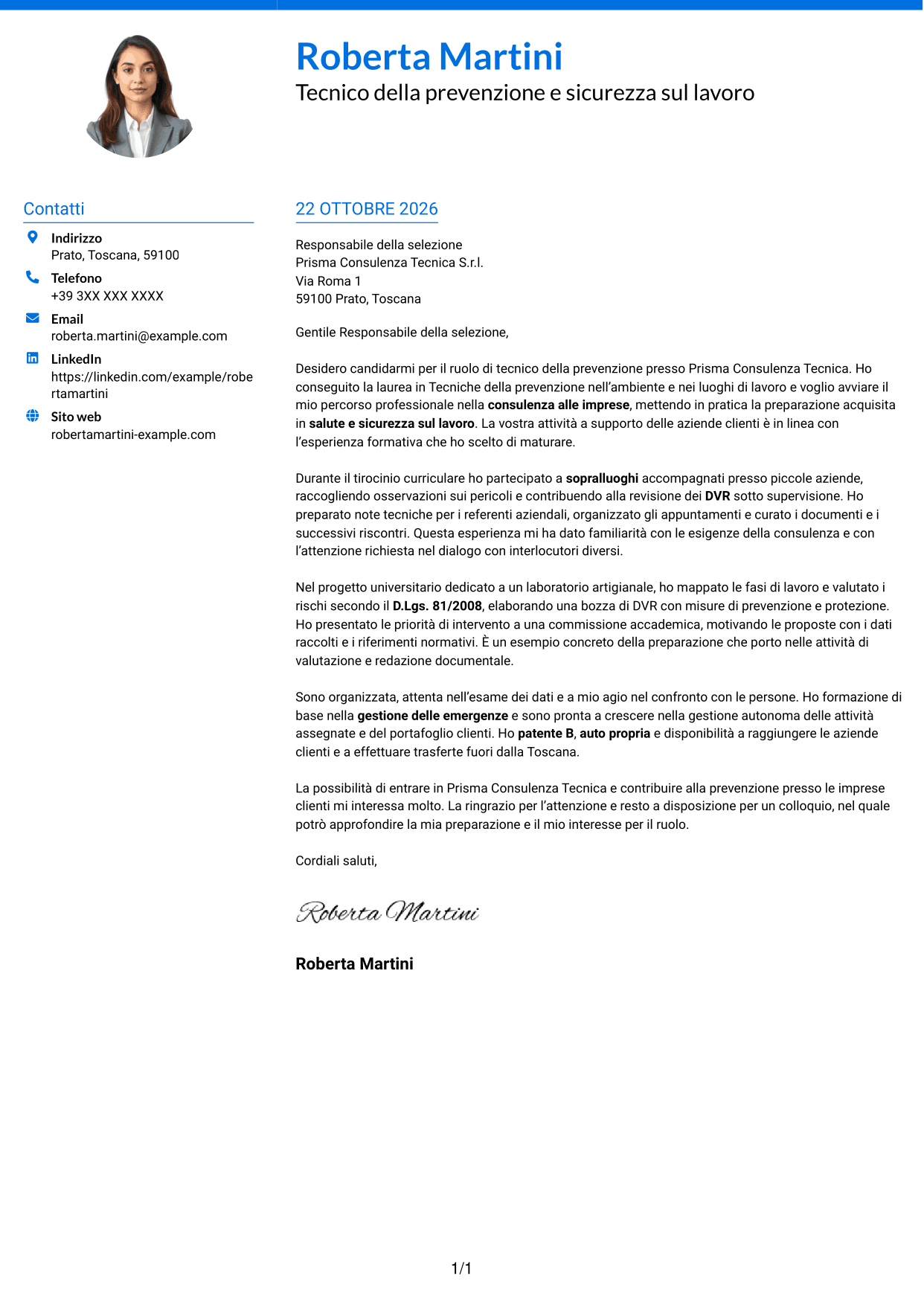 Lettera di presentazione Audace (formato a due colonne con accenti colorati e foto): Tecnico della prevenzione e sicurezza sul lavoro, pagina 1
