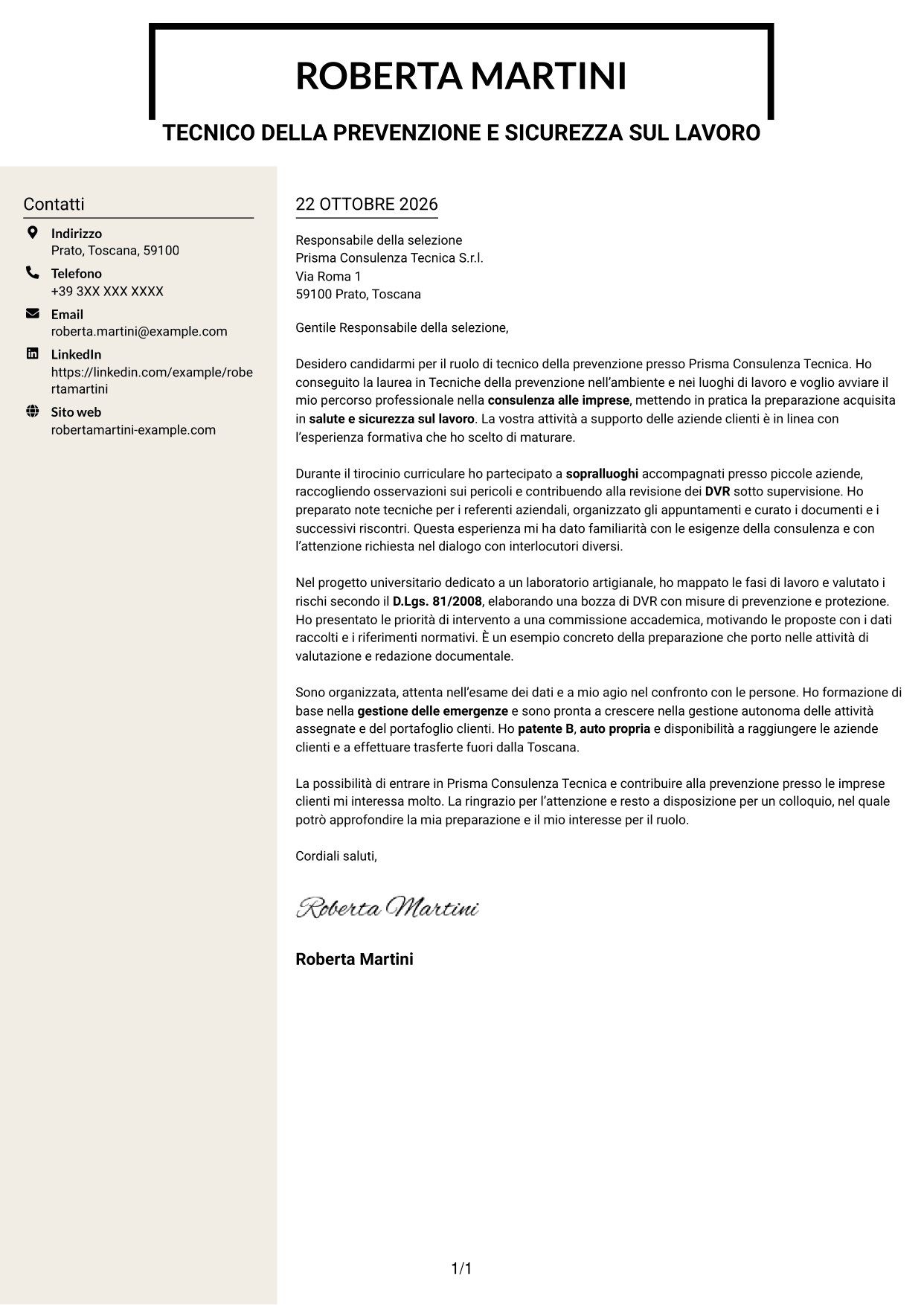 Lettera di presentazione Intraprendente (formato a due colonne con intestazione centrata senza foto): Tecnico della prevenzione e sicurezza sul lavoro, pagina 1