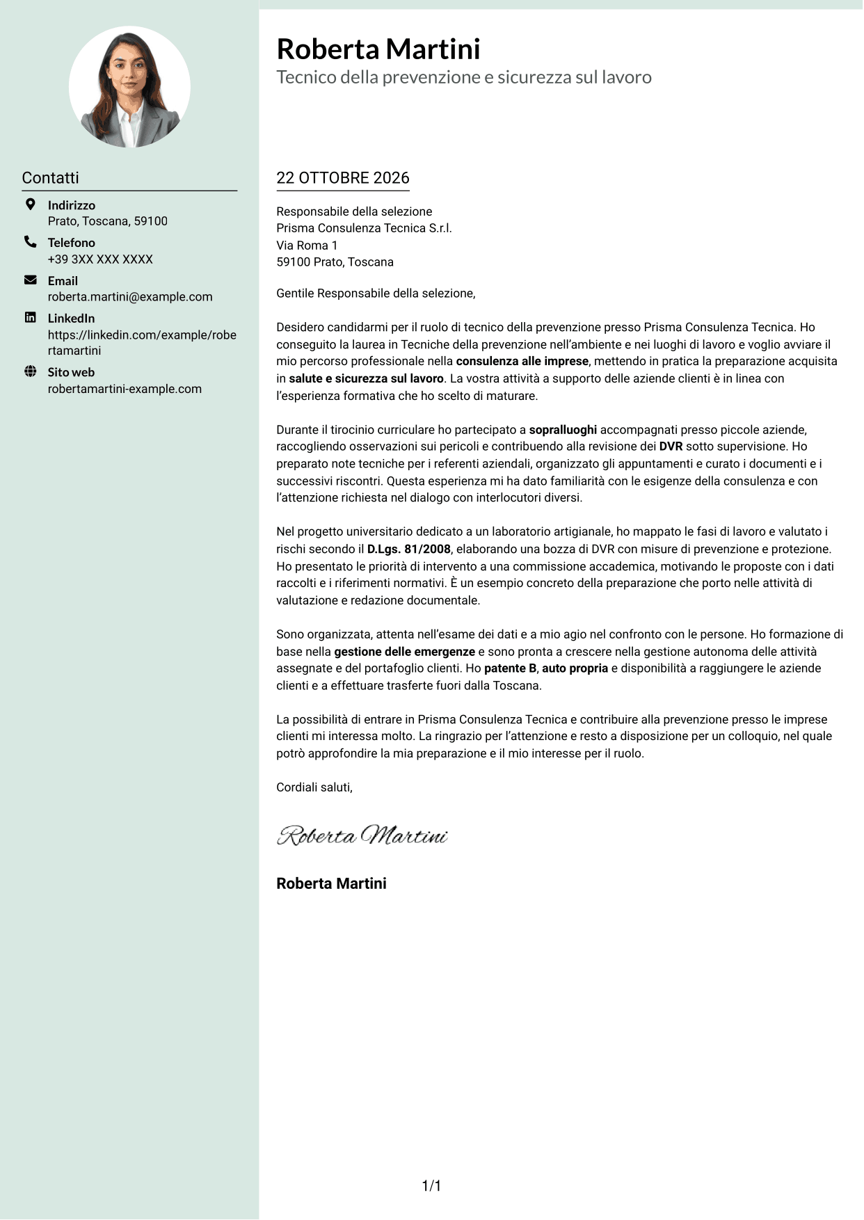 Lettera di presentazione Dirigente (formato con colonna laterale tenue e foto arrotondata): Tecnico della prevenzione e sicurezza sul lavoro, pagina 1