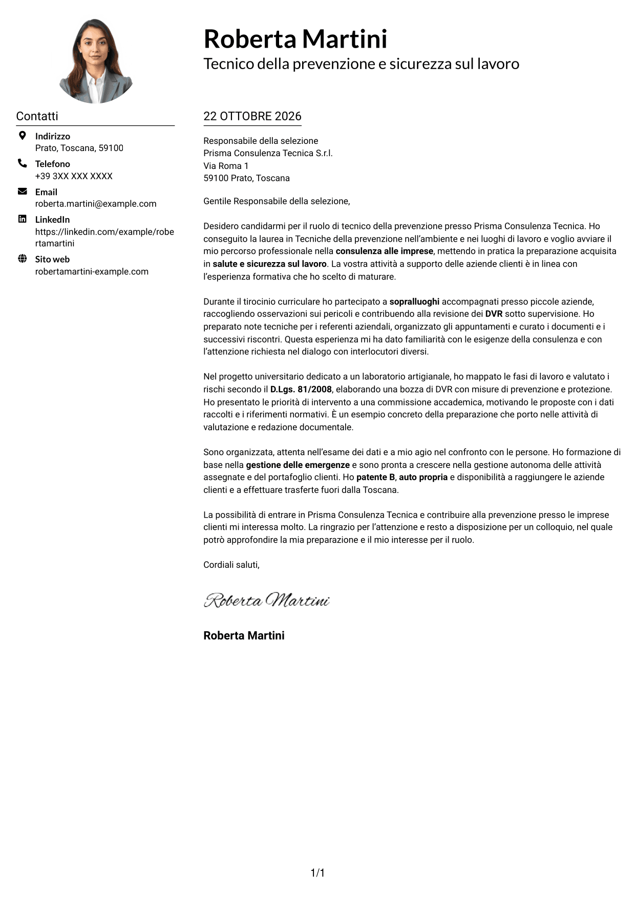 Esempio di lettera di presentazione — pagina 1