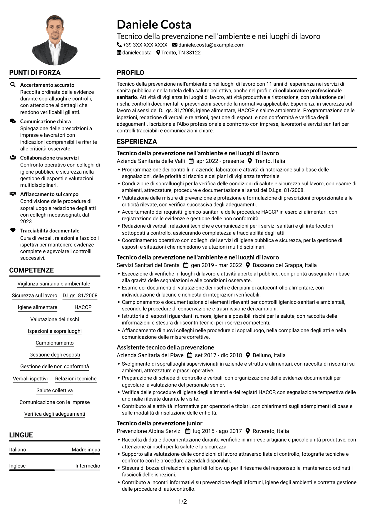 Tecnico della prevenzione nell'ambiente e nei luoghi di lavoro (TPALL) CV, pagina 1