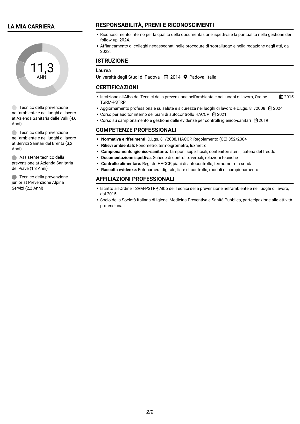CV Compatto (formato sobrio a due colonne con foto): Tecnico della prevenzione nell'ambiente e nei luoghi di lavoro (TPALL), pagina 2