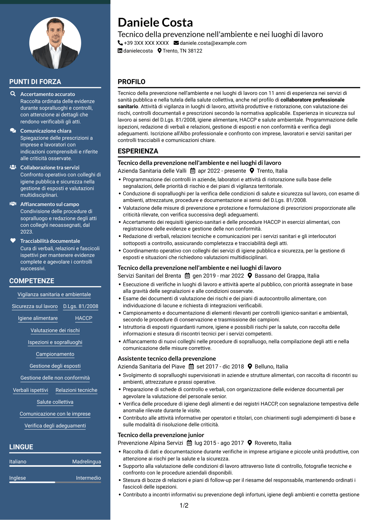 CV Elegante (formato con colonna laterale colorata e foto): Tecnico della prevenzione nell'ambiente e nei luoghi di lavoro (TPALL), pagina 1