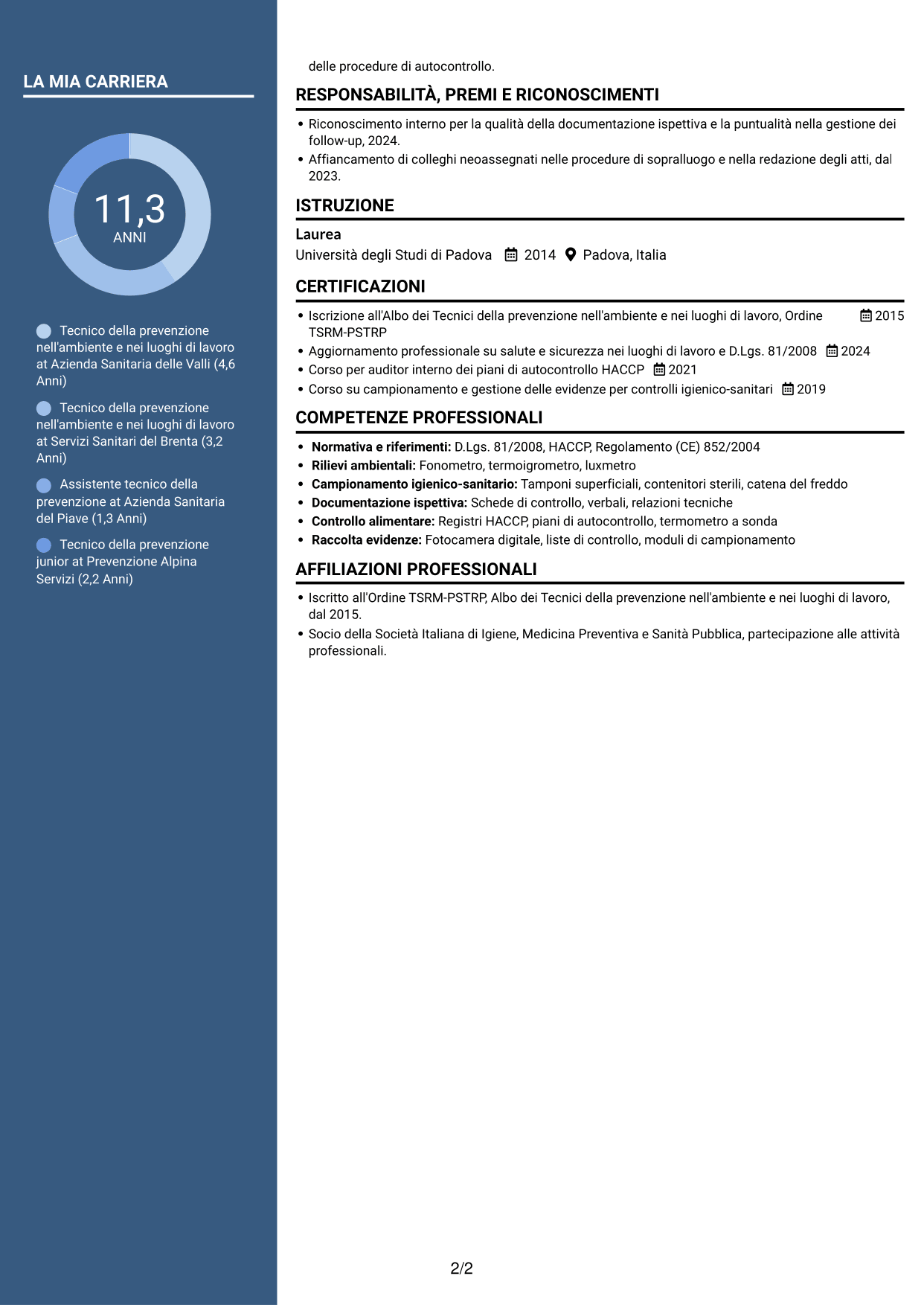 CV Elegante (formato con colonna laterale colorata e foto): Tecnico della prevenzione nell'ambiente e nei luoghi di lavoro (TPALL), pagina 2