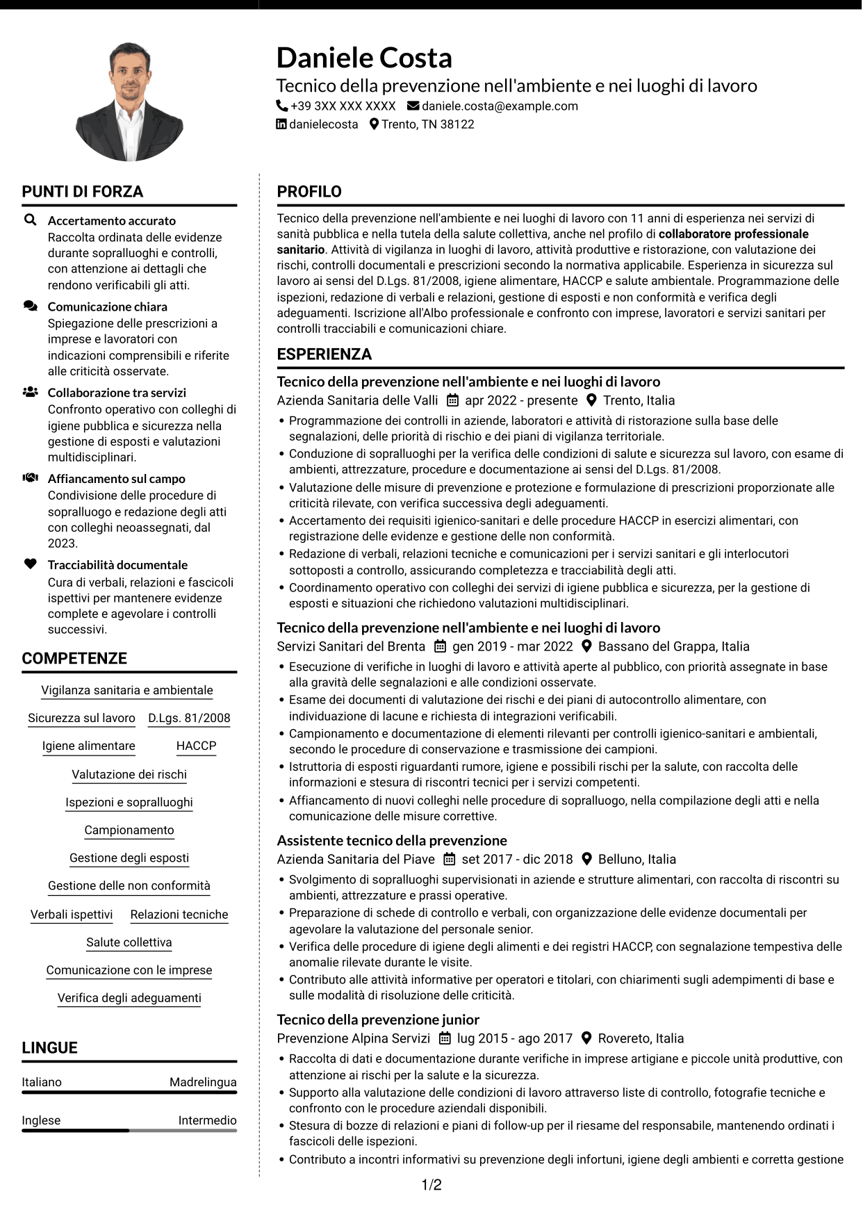 CV Moderno (formato a due colonne con foto a sinistra e separatore): Tecnico della prevenzione nell'ambiente e nei luoghi di lavoro (TPALL), pagina 1
