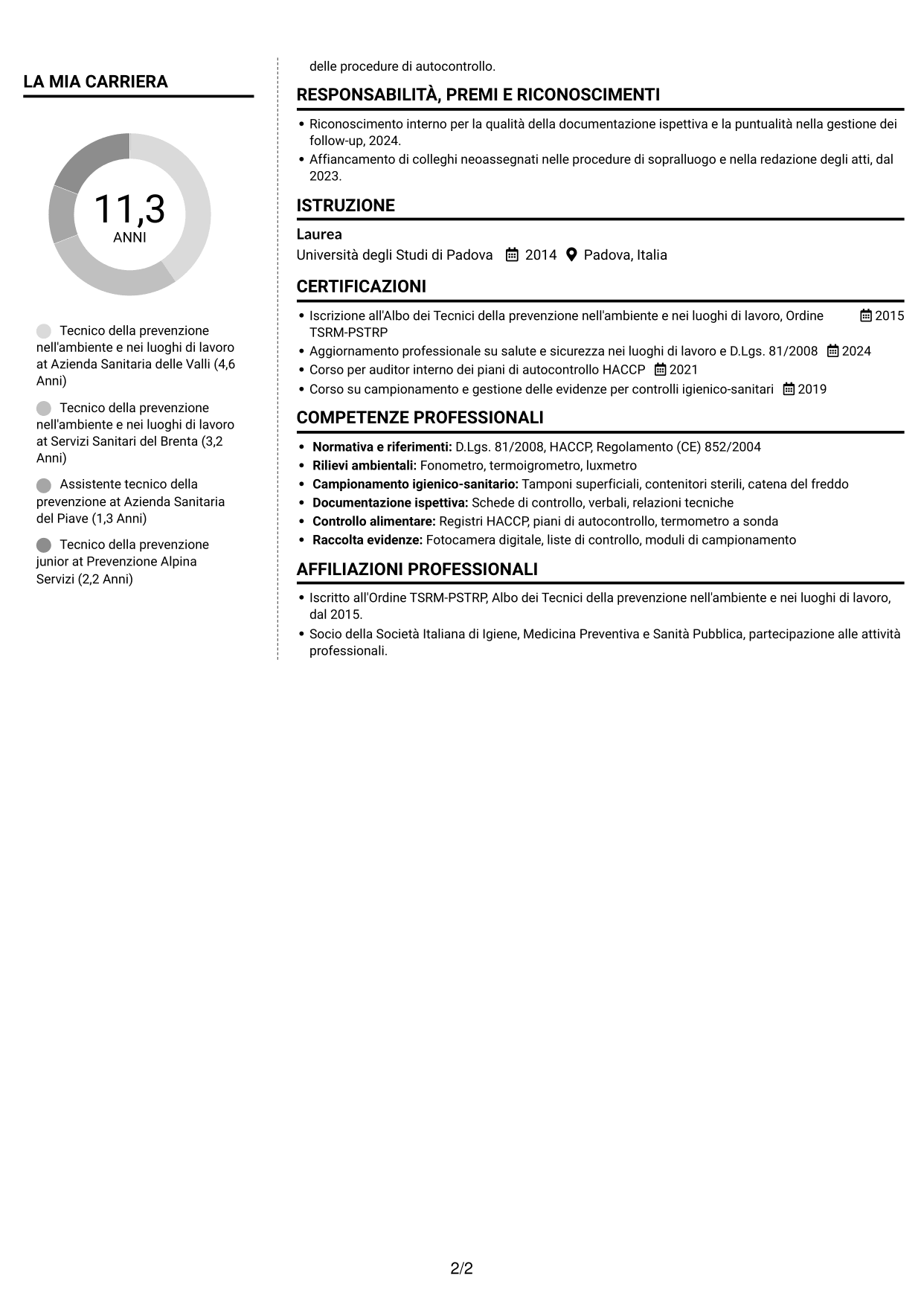 CV Moderno (formato a due colonne con foto a sinistra e separatore): Tecnico della prevenzione nell'ambiente e nei luoghi di lavoro (TPALL), pagina 2