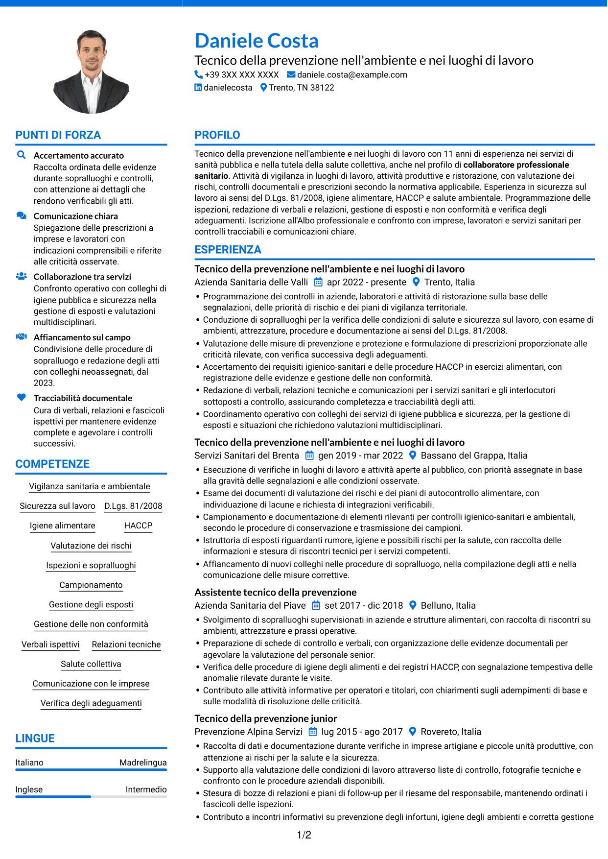 CV Audace (formato a due colonne con accenti colorati e foto): Tecnico della prevenzione nell'ambiente e nei luoghi di lavoro (TPALL), pagina 1