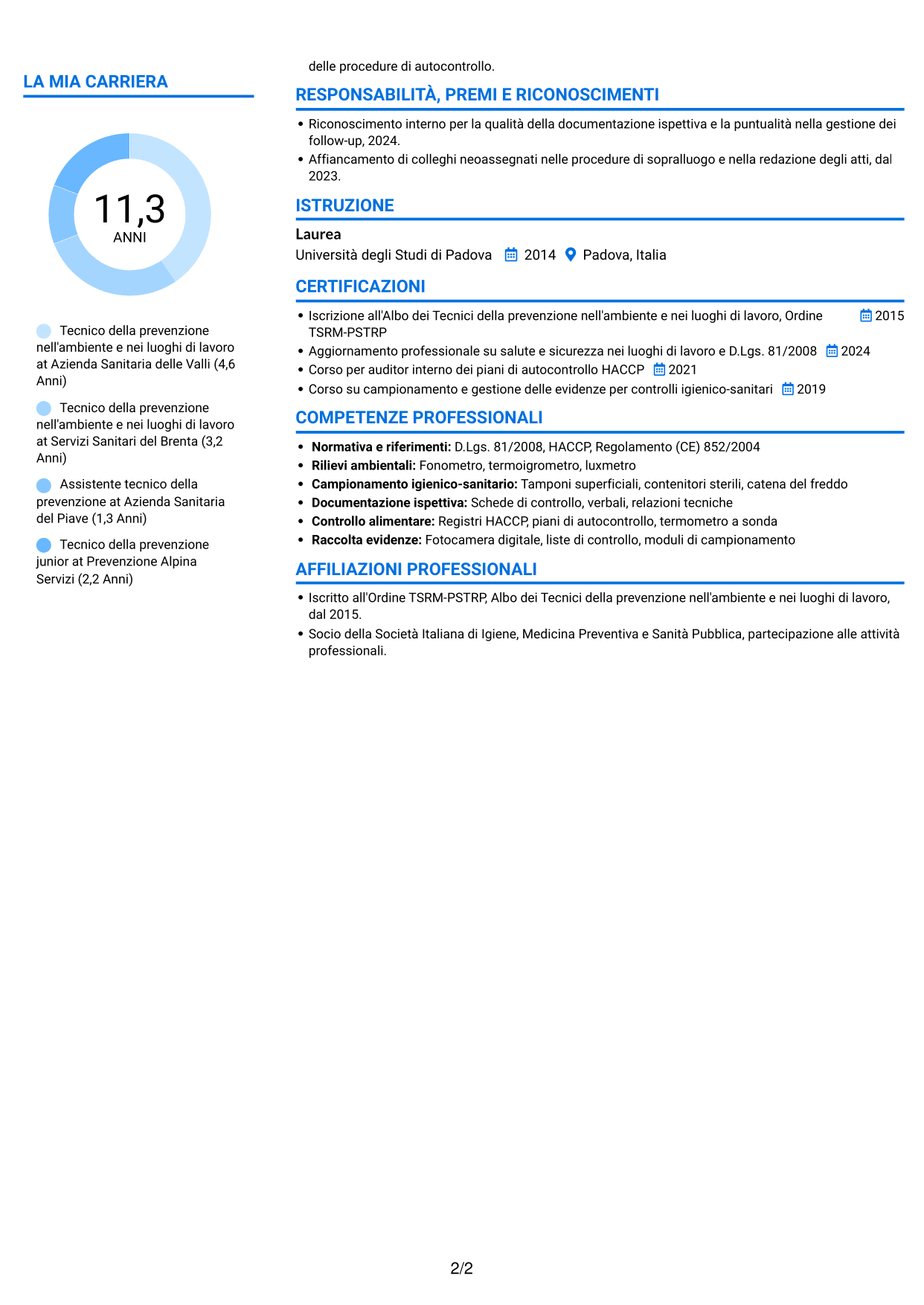 CV Audace (formato a due colonne con accenti colorati e foto): Tecnico della prevenzione nell'ambiente e nei luoghi di lavoro (TPALL), pagina 2