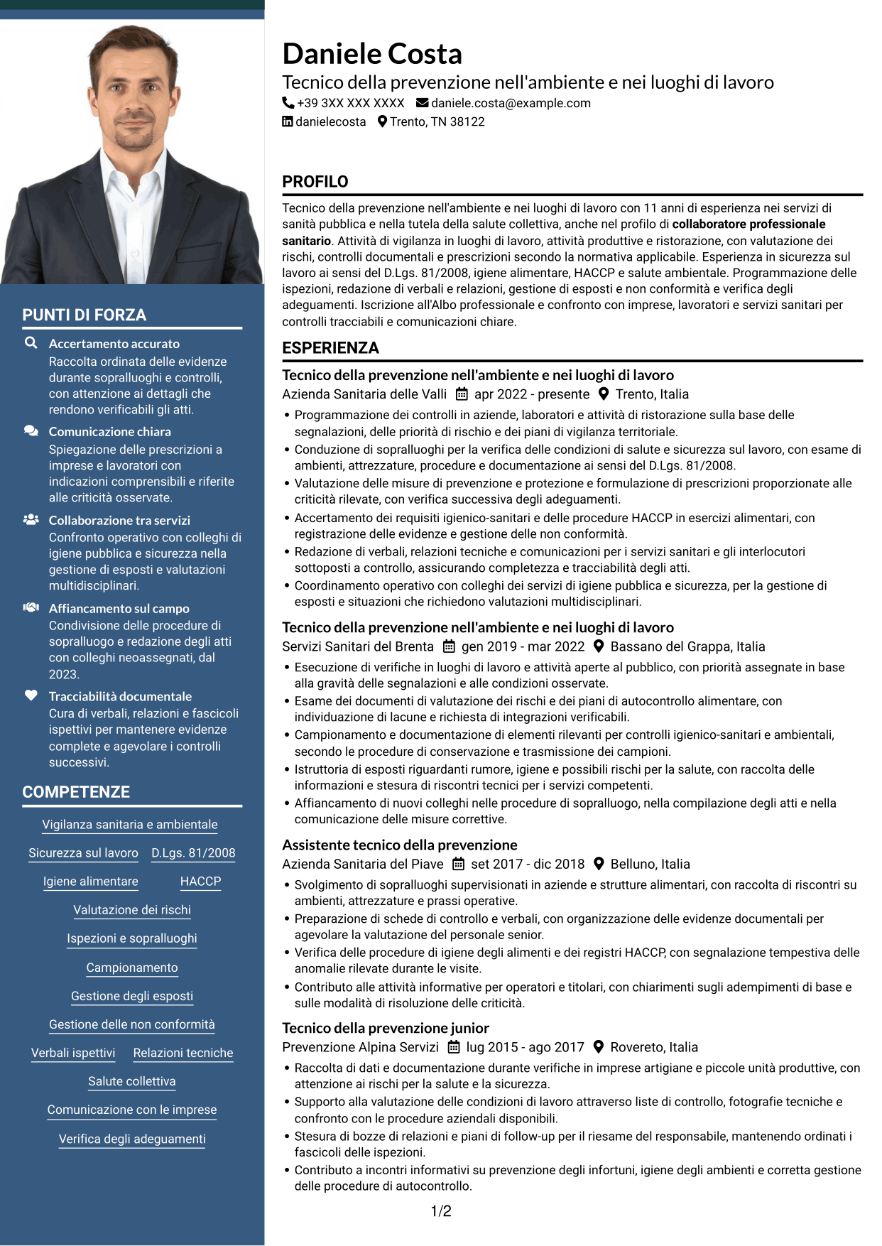 CV Signature (formato con colonna laterale colorata e foto grande): Tecnico della prevenzione nell'ambiente e nei luoghi di lavoro (TPALL), pagina 1