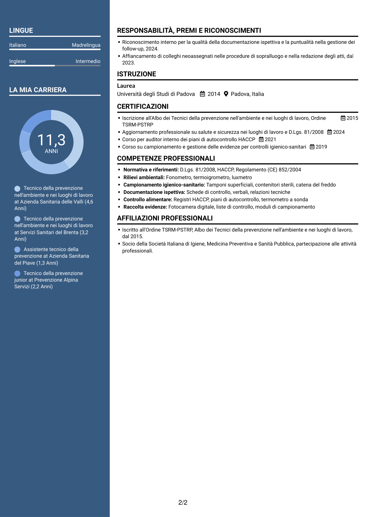 CV Signature (formato con colonna laterale colorata e foto grande): Tecnico della prevenzione nell'ambiente e nei luoghi di lavoro (TPALL), pagina 2