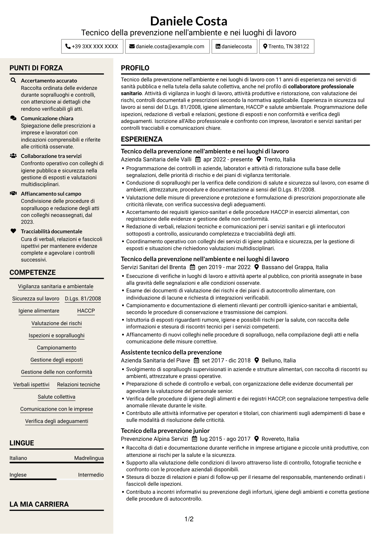 CV Intraprendente (formato a due colonne con intestazione centrata senza foto): Tecnico della prevenzione nell'ambiente e nei luoghi di lavoro (TPALL), pagina 1