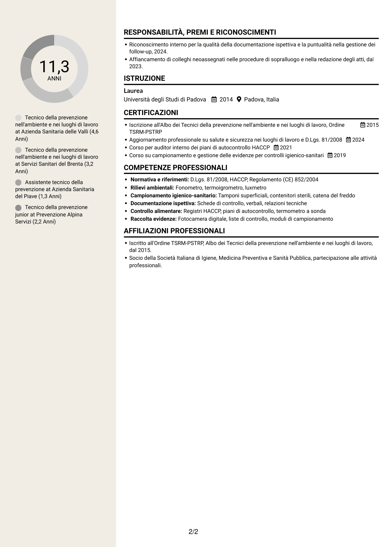 CV Intraprendente (formato a due colonne con intestazione centrata senza foto): Tecnico della prevenzione nell'ambiente e nei luoghi di lavoro (TPALL), pagina 2
