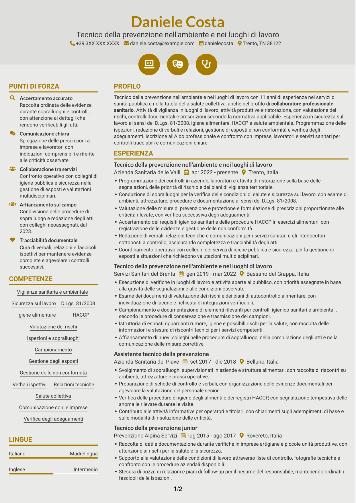 CV Dinamico (formato a due colonne con icone): Tecnico della prevenzione nell'ambiente e nei luoghi di lavoro (TPALL), pagina 1
