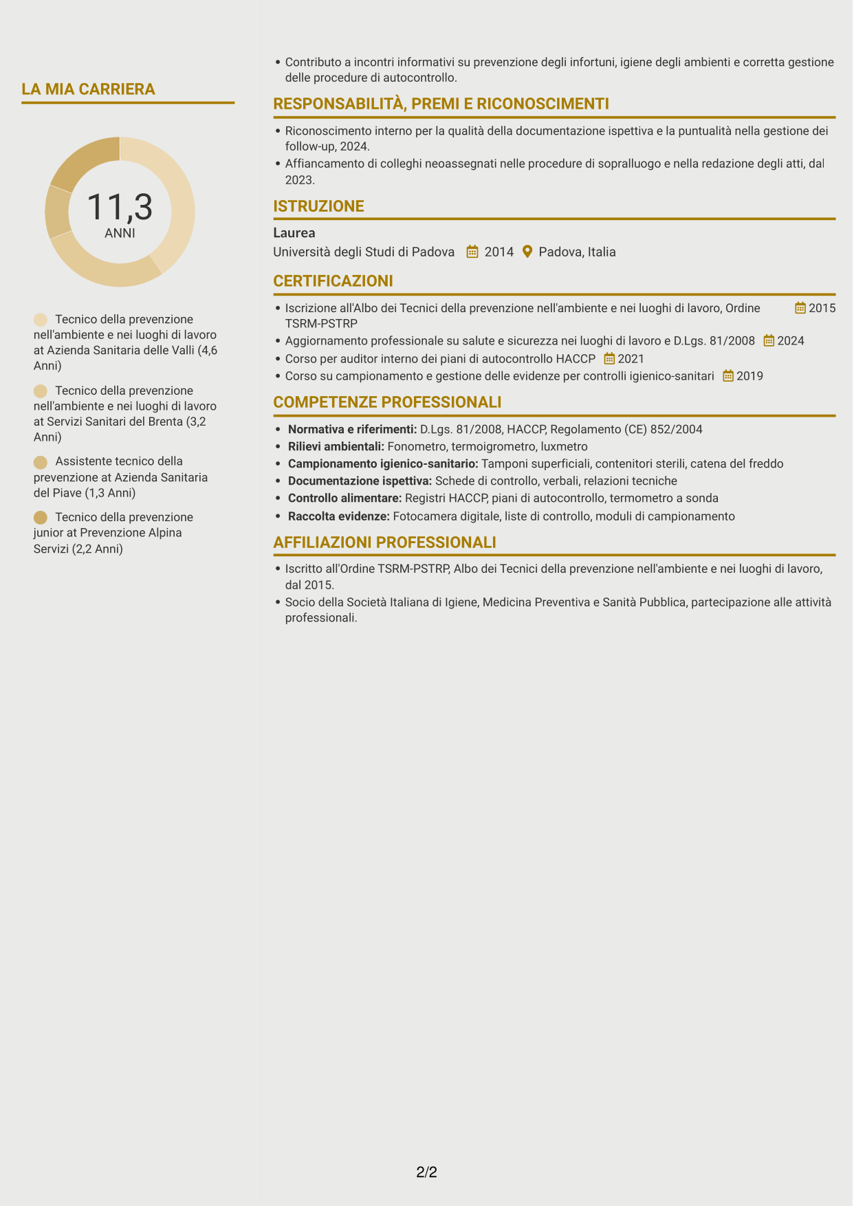 CV Dinamico (formato a due colonne con icone): Tecnico della prevenzione nell'ambiente e nei luoghi di lavoro (TPALL), pagina 2
