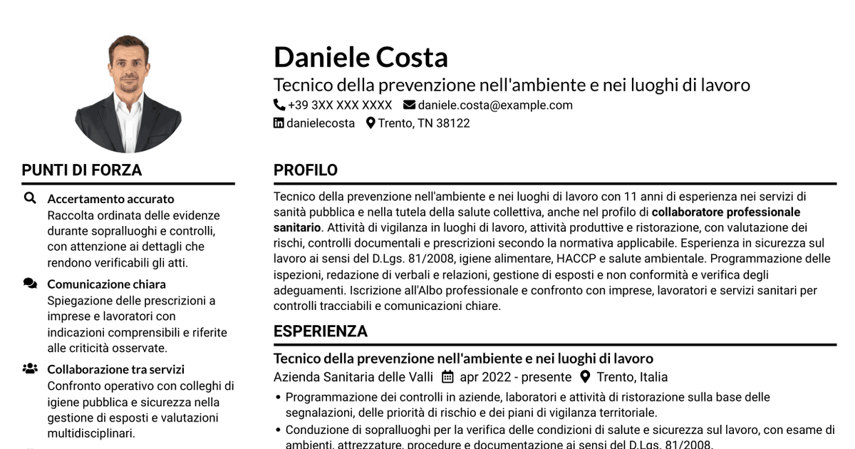 7 modelli di CV per Tecnico della prevenzione nell'ambiente e nei luoghi di lavoro (TPALL), con esempi
