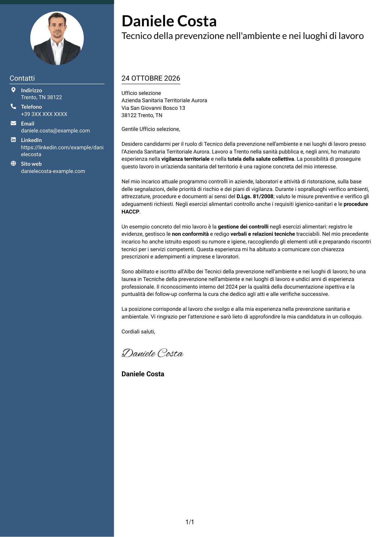 Lettera di presentazione Elegante (formato con colonna laterale colorata e foto): Tecnico della prevenzione nell'ambiente e nei luoghi di lavoro (TPALL), pagina 1