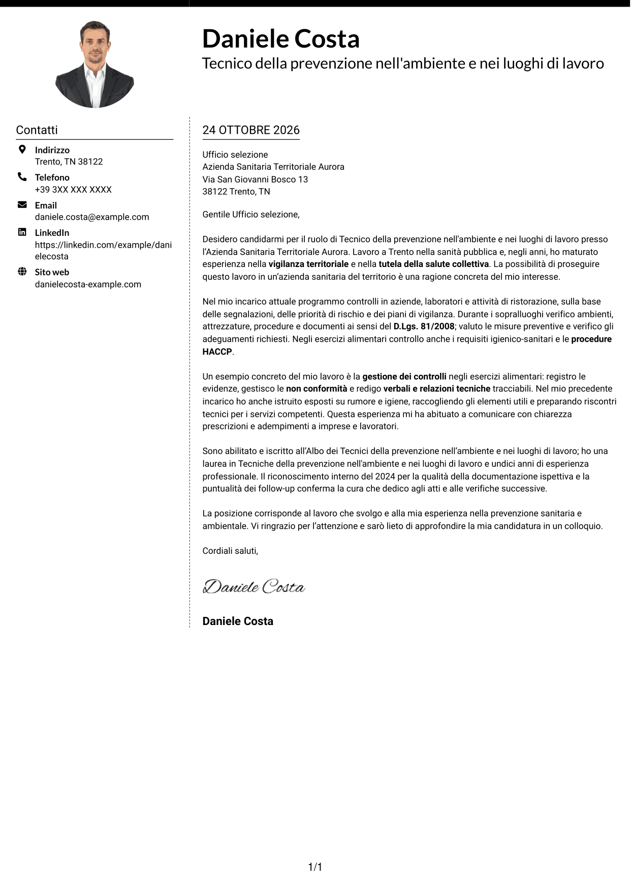 Lettera di presentazione Moderno (formato a due colonne con foto a sinistra e separatore): Tecnico della prevenzione nell'ambiente e nei luoghi di lavoro (TPALL), pagina 1