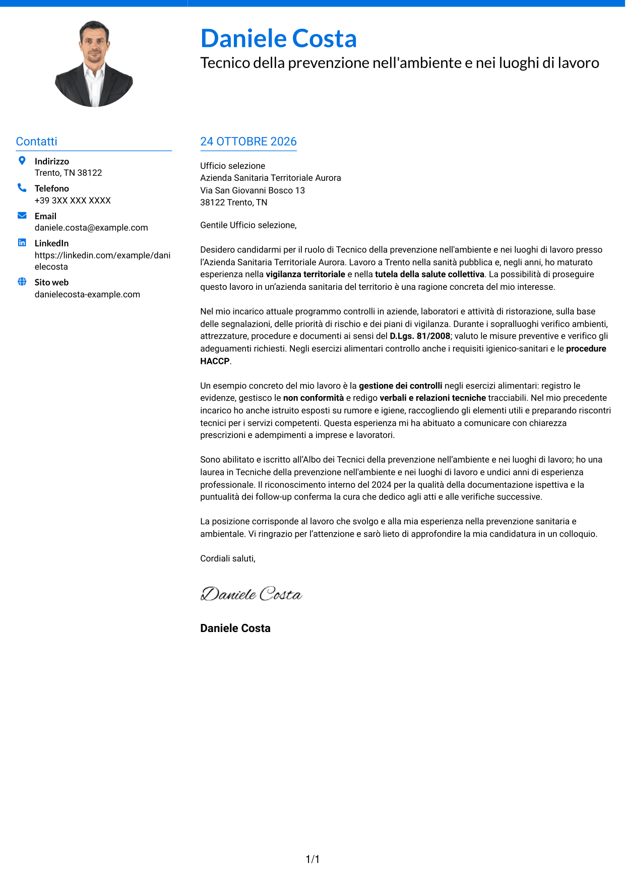 Lettera di presentazione Audace (formato a due colonne con accenti colorati e foto): Tecnico della prevenzione nell'ambiente e nei luoghi di lavoro (TPALL), pagina 1