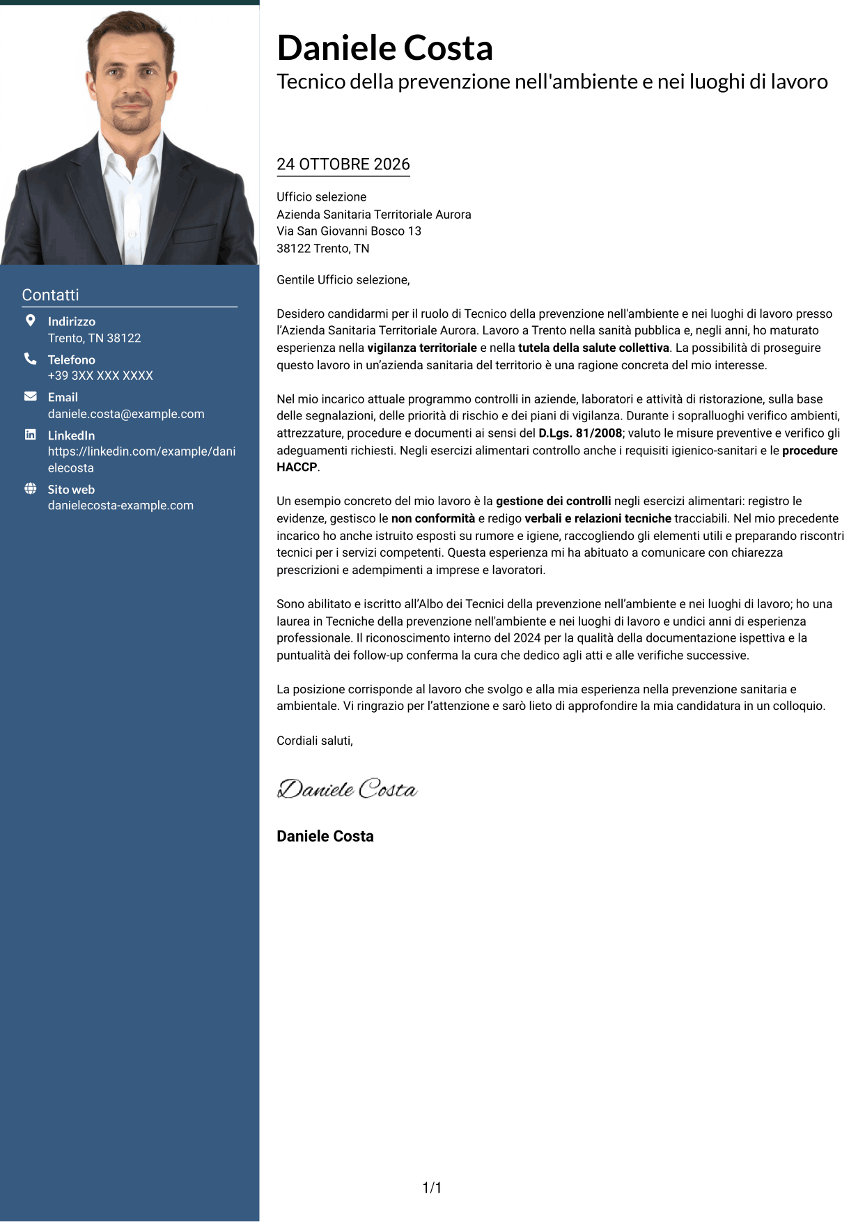 Lettera di presentazione Signature (formato con colonna laterale colorata e foto grande): Tecnico della prevenzione nell'ambiente e nei luoghi di lavoro (TPALL), pagina 1