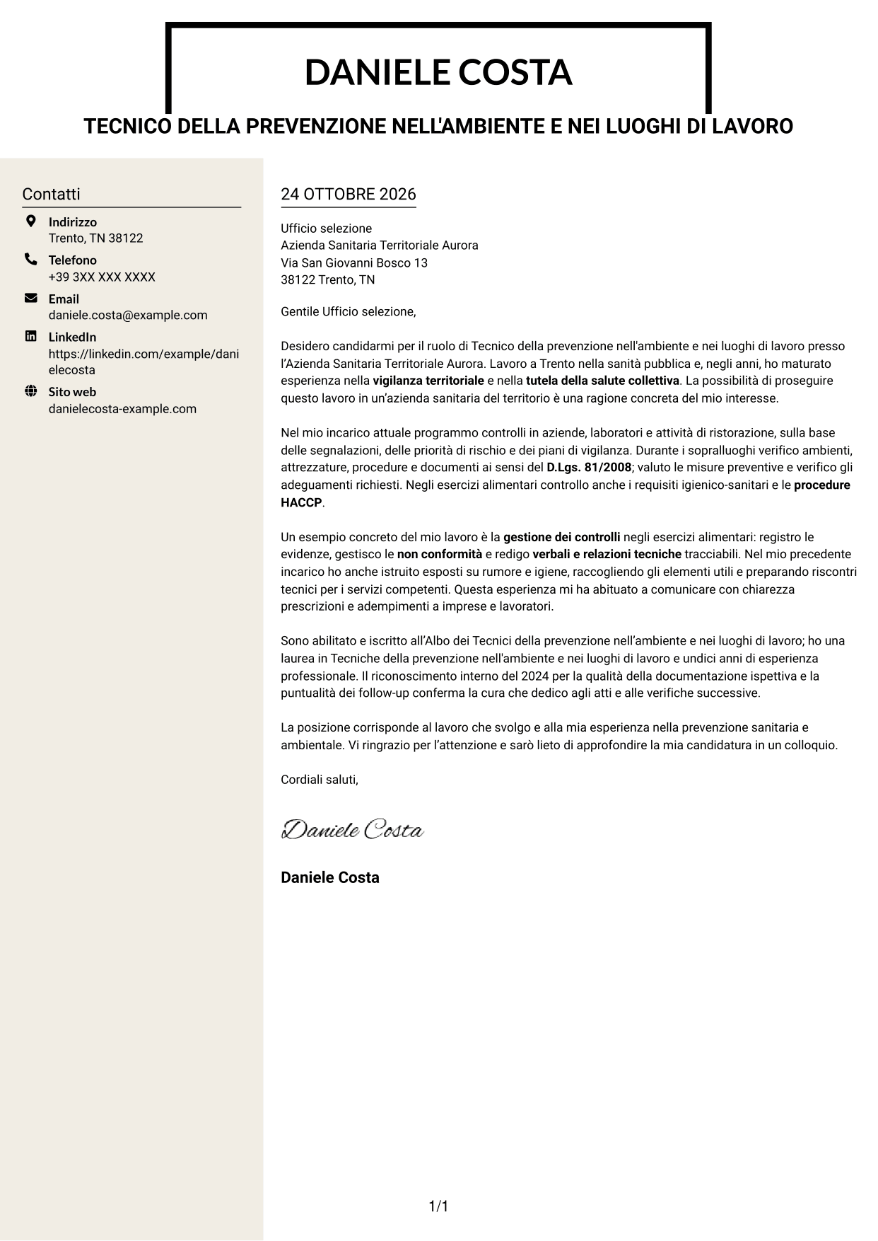 Lettera di presentazione Intraprendente (formato a due colonne con intestazione centrata senza foto): Tecnico della prevenzione nell'ambiente e nei luoghi di lavoro (TPALL), pagina 1