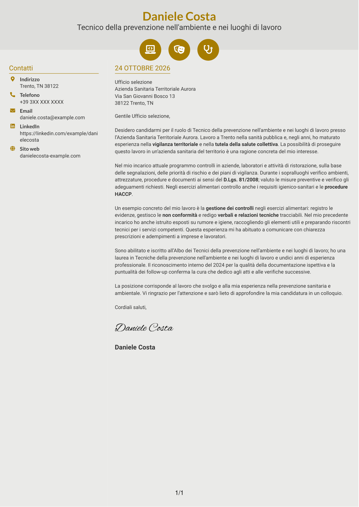 Lettera di presentazione Dinamico (formato a due colonne con icone): Tecnico della prevenzione nell'ambiente e nei luoghi di lavoro (TPALL), pagina 1
