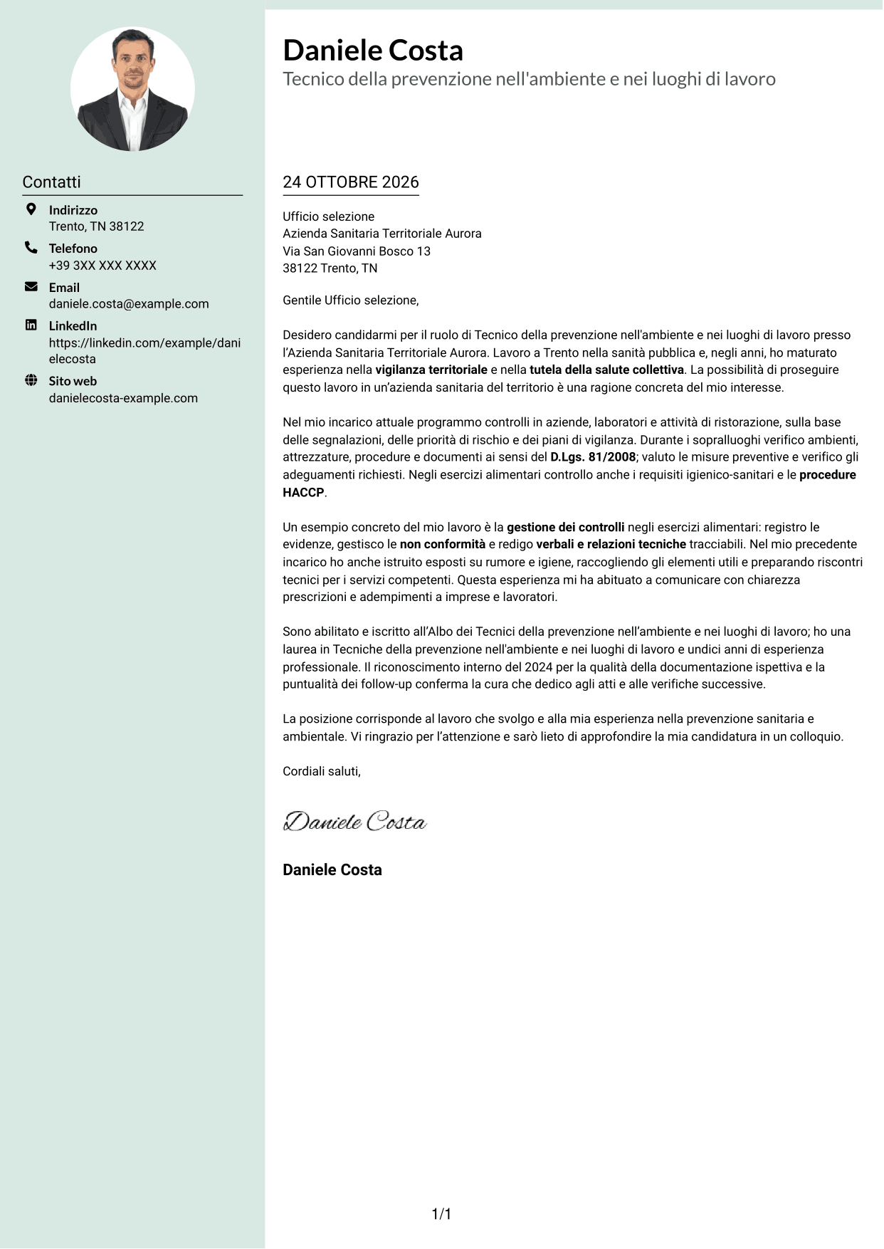 Lettera di presentazione Dirigente (formato con colonna laterale tenue e foto arrotondata): Tecnico della prevenzione nell'ambiente e nei luoghi di lavoro (TPALL), pagina 1