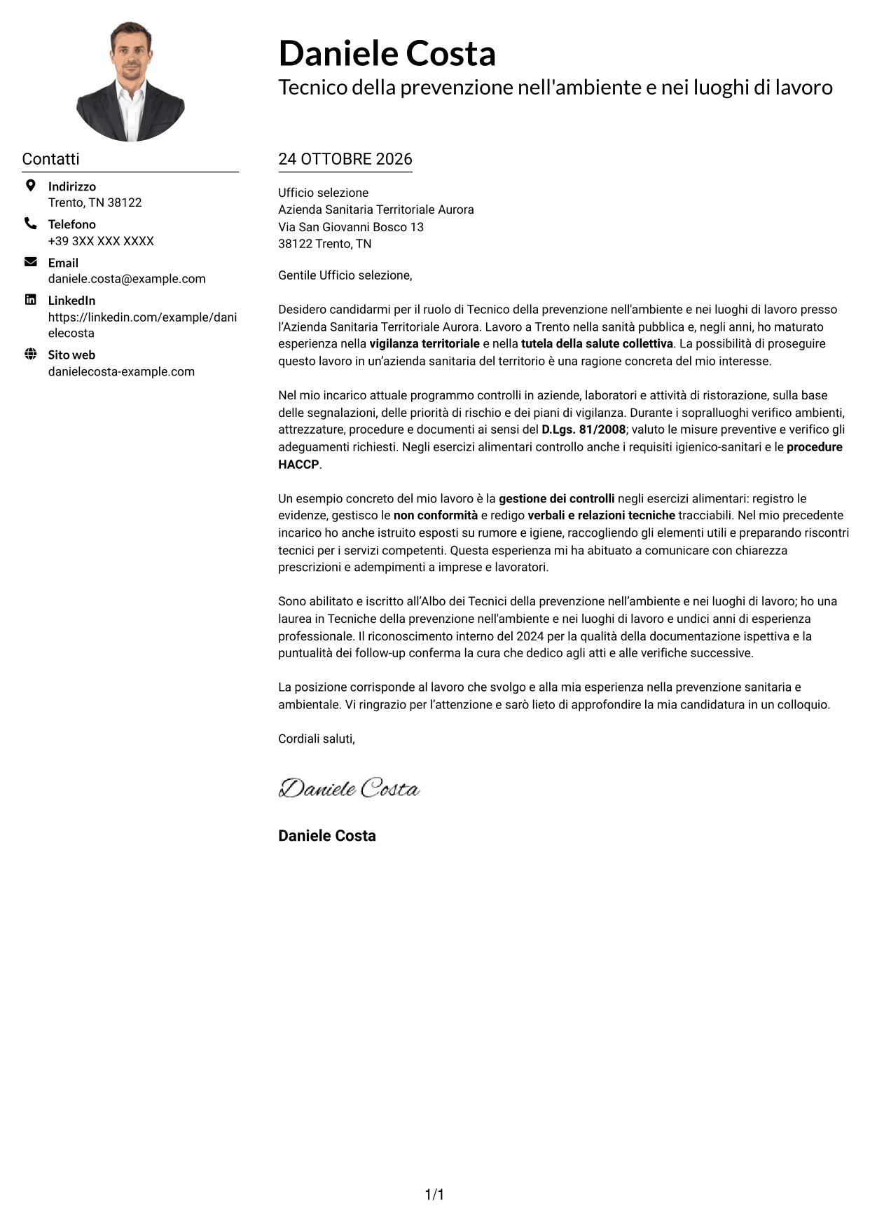 Esempio di lettera di presentazione — pagina 1