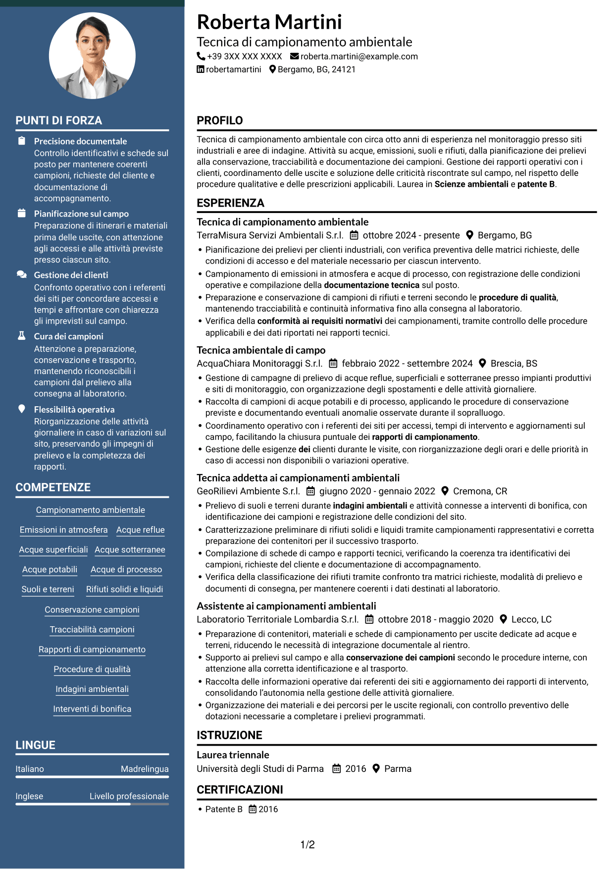 CV Elegante (formato con colonna laterale colorata e foto): Tecnico di campo - Campionamento ambientale, pagina 1