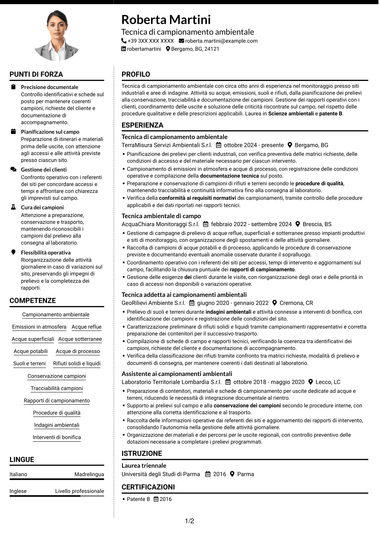 CV Moderno (formato a due colonne con foto a sinistra e separatore): Tecnico di campo - Campionamento ambientale, pagina 1
