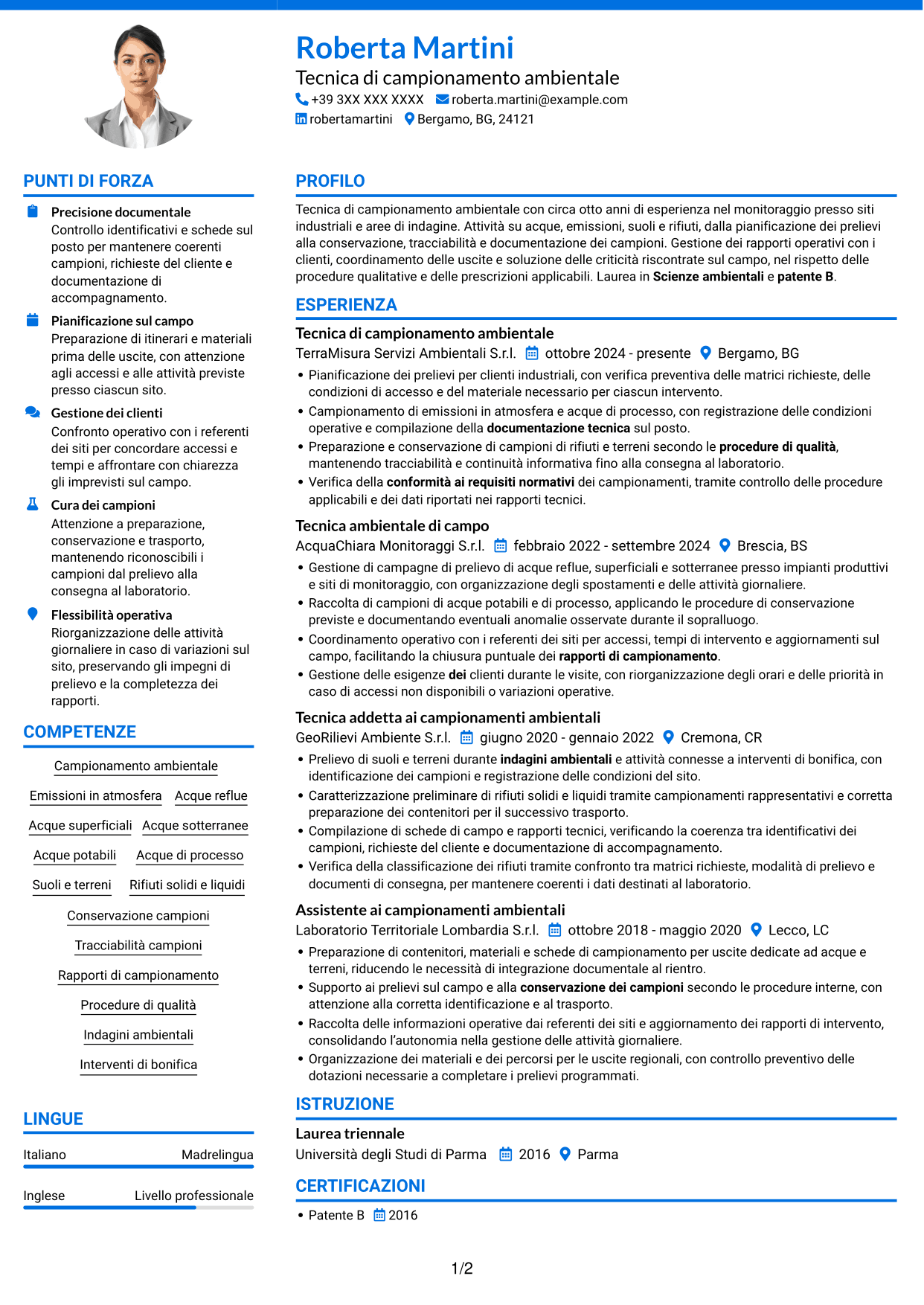 CV Audace (formato a due colonne con accenti colorati e foto): Tecnico di campo - Campionamento ambientale, pagina 1