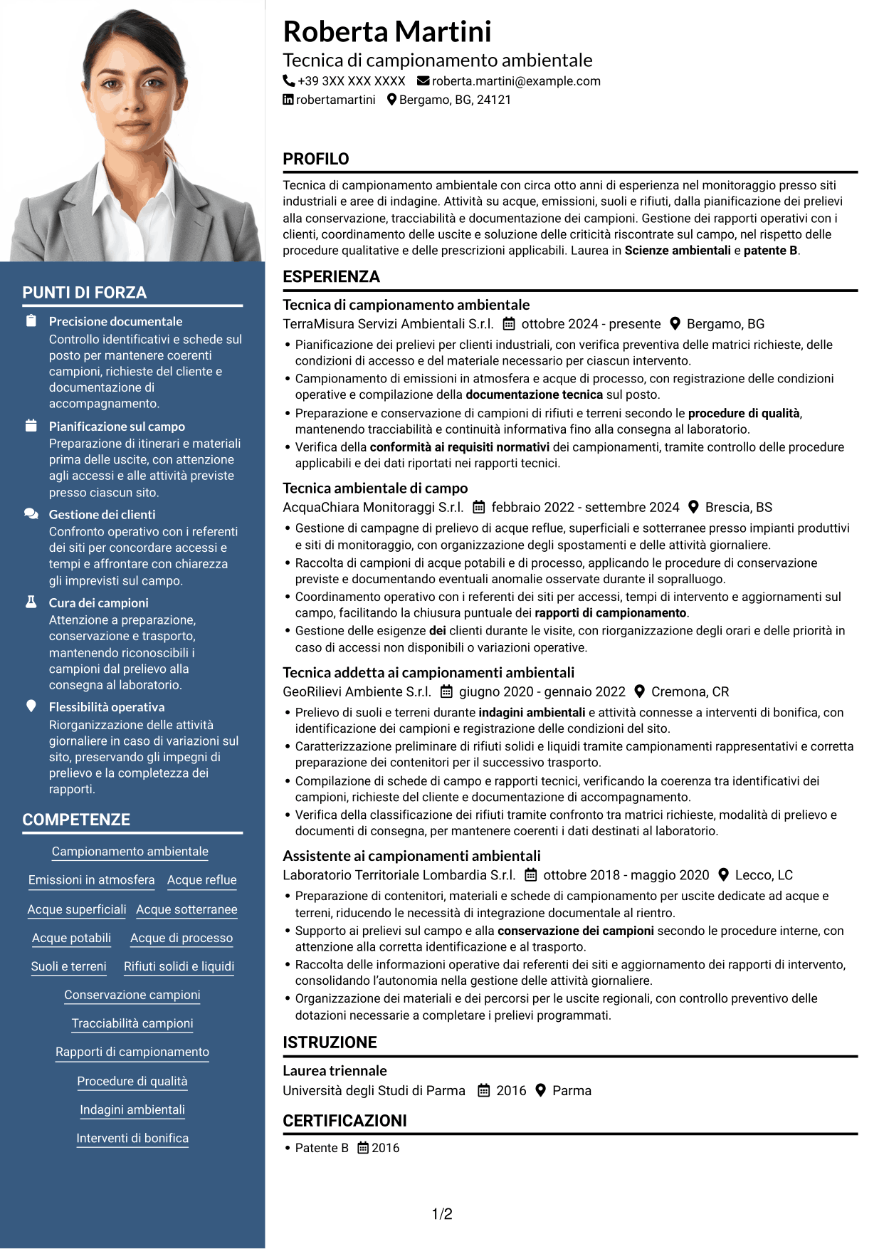 CV Signature (formato con colonna laterale colorata e foto grande): Tecnico di campo - Campionamento ambientale, pagina 1