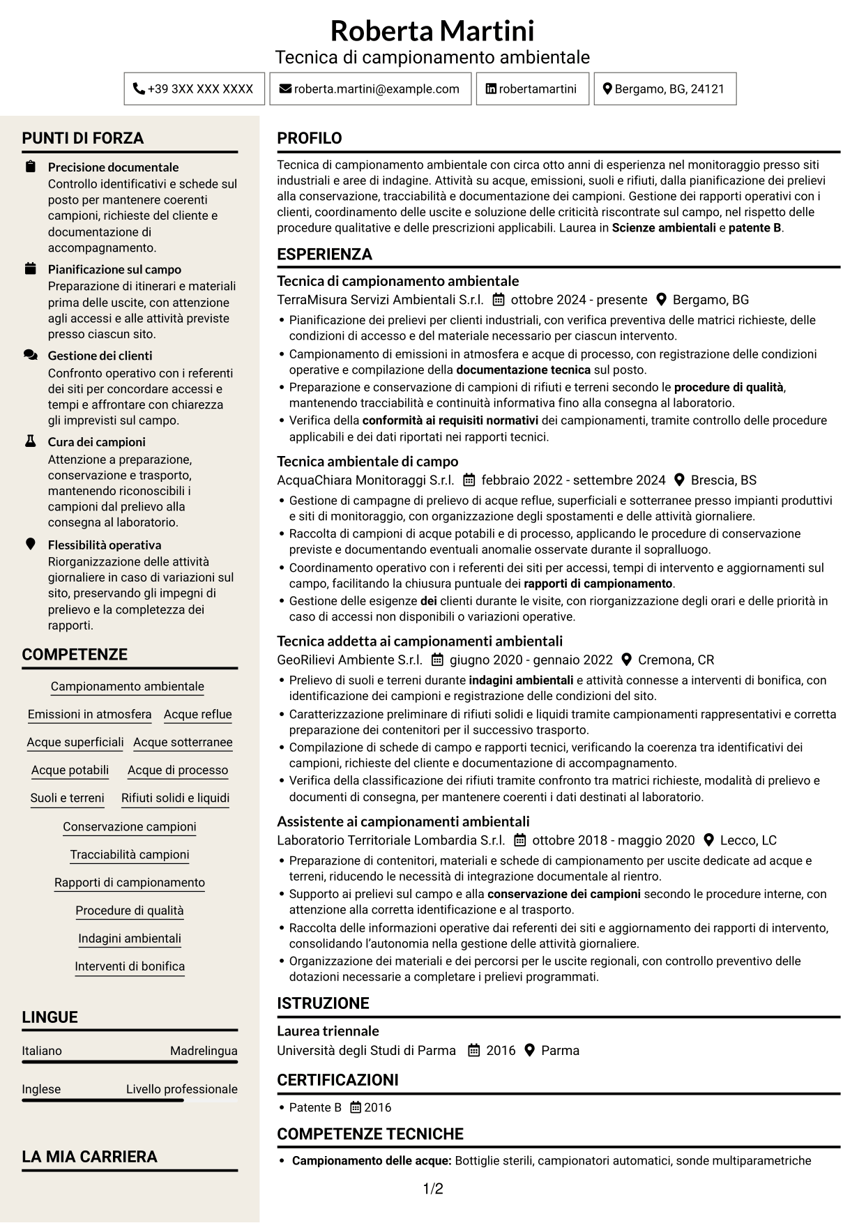 CV Intraprendente (formato a due colonne con intestazione centrata senza foto): Tecnico di campo - Campionamento ambientale, pagina 1