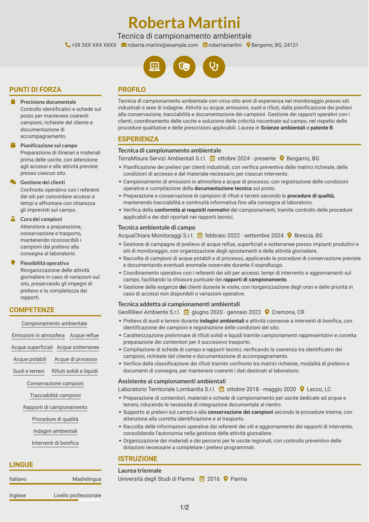 CV Dinamico (formato a due colonne con icone): Tecnico di campo - Campionamento ambientale, pagina 1