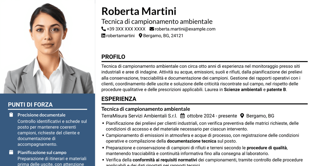 7 modelli di CV per Tecnico di campo - Campionamento ambientale, con esempi