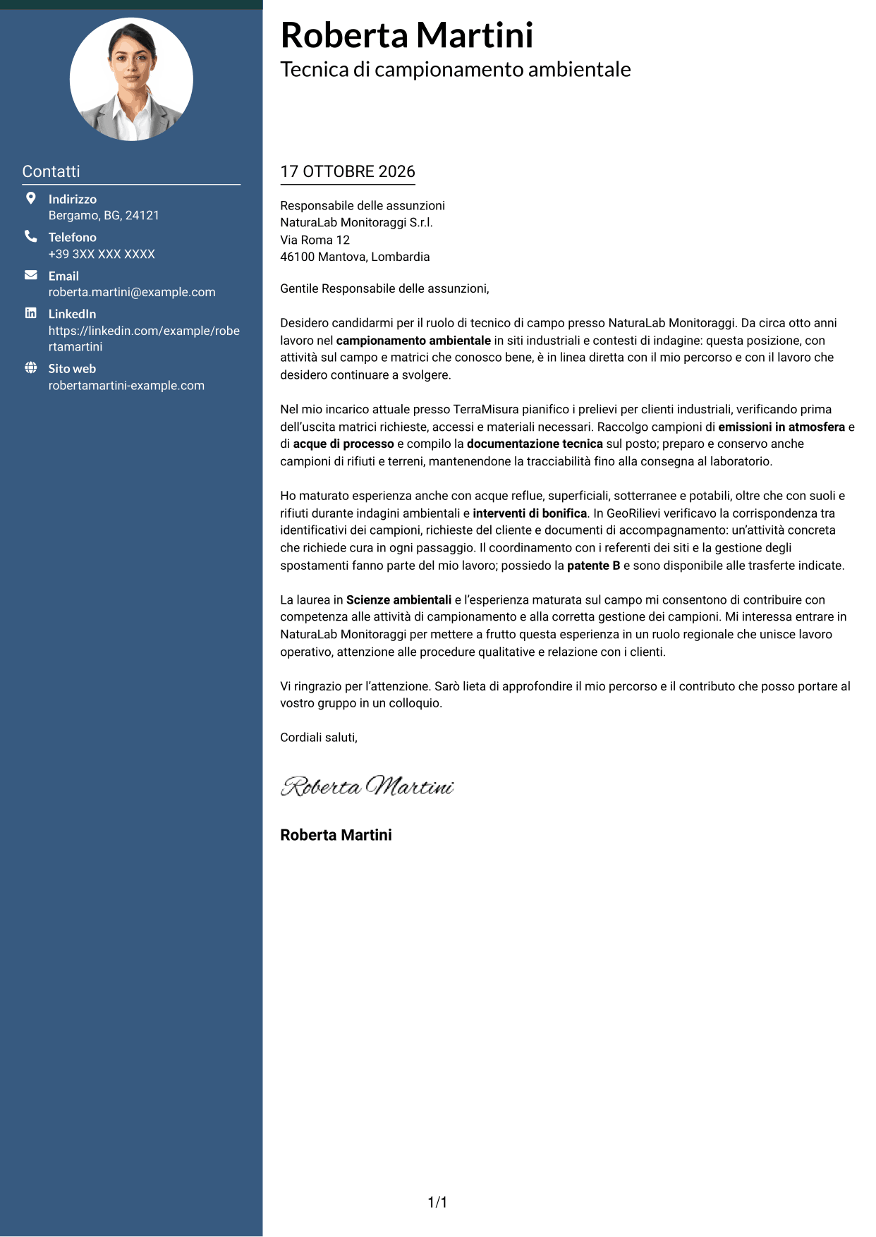 Lettera di presentazione Elegante (formato con colonna laterale colorata e foto): Tecnico di campo - Campionamento ambientale, pagina 1
