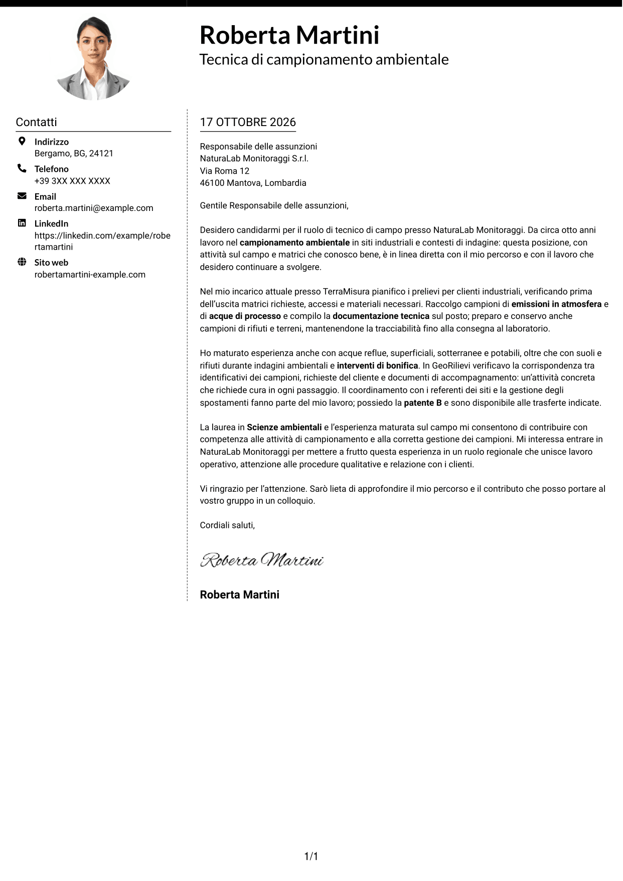 Lettera di presentazione Moderno (formato a due colonne con foto a sinistra e separatore): Tecnico di campo - Campionamento ambientale, pagina 1