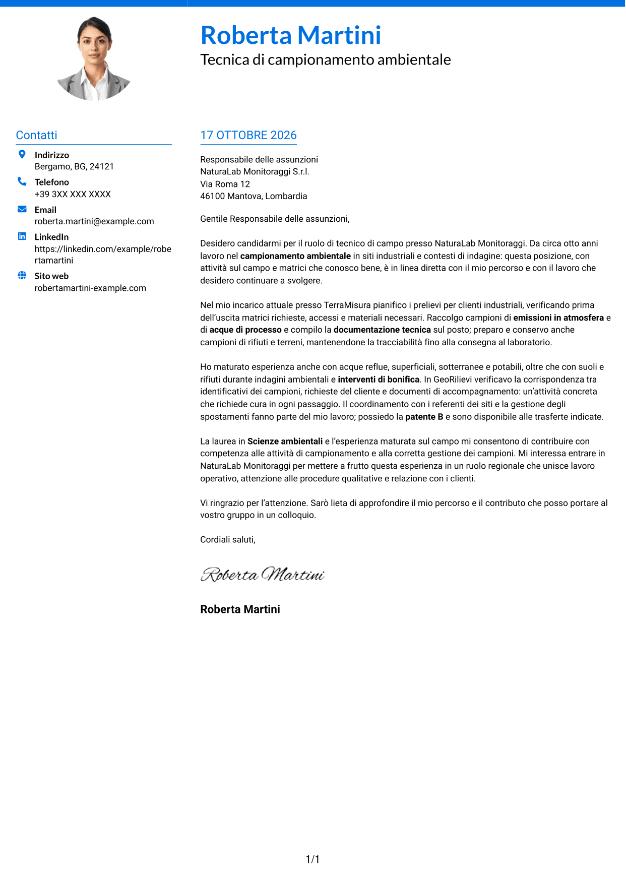 Lettera di presentazione Audace (formato a due colonne con accenti colorati e foto): Tecnico di campo - Campionamento ambientale, pagina 1