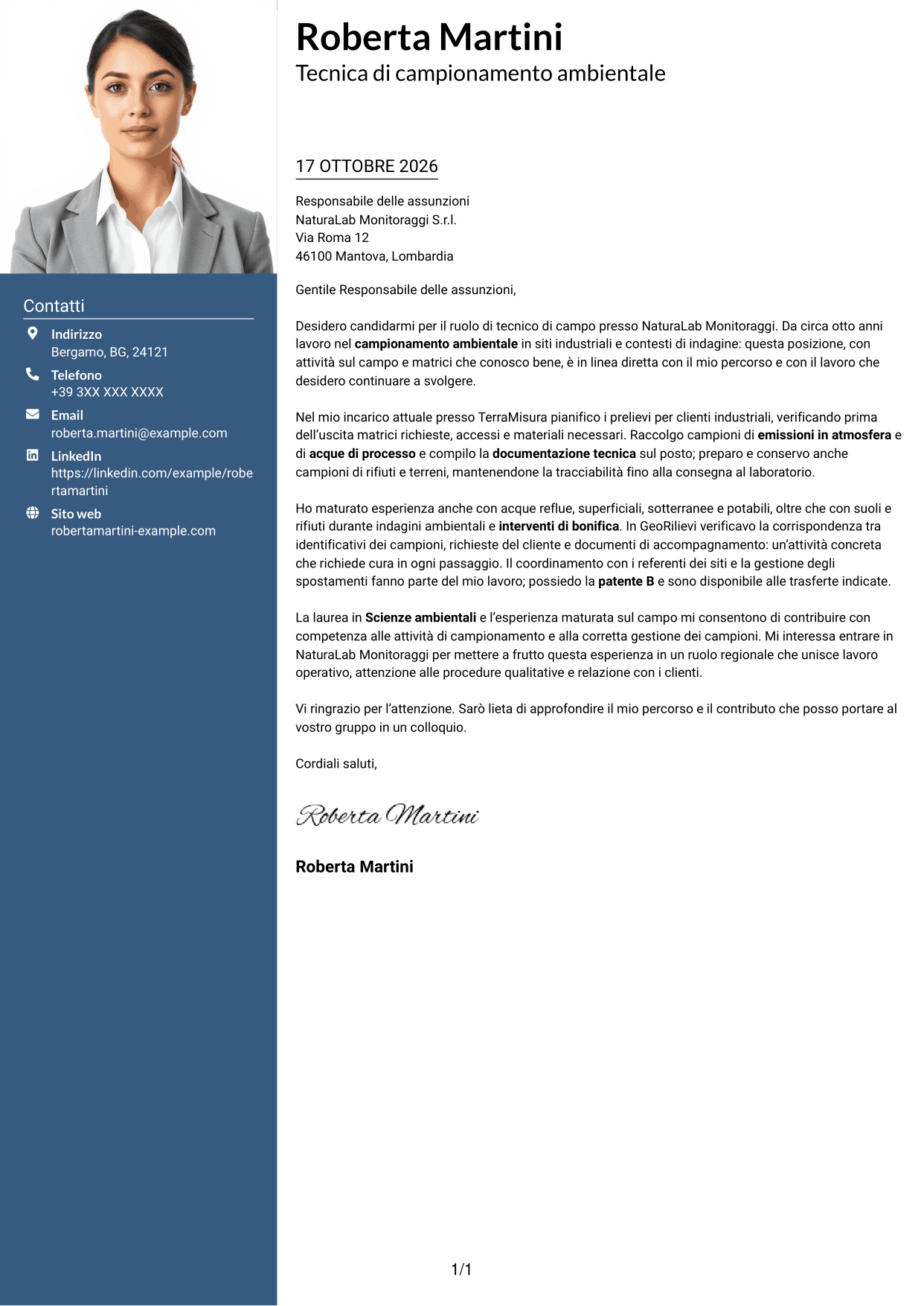 Lettera di presentazione Signature (formato con colonna laterale colorata e foto grande): Tecnico di campo - Campionamento ambientale, pagina 1