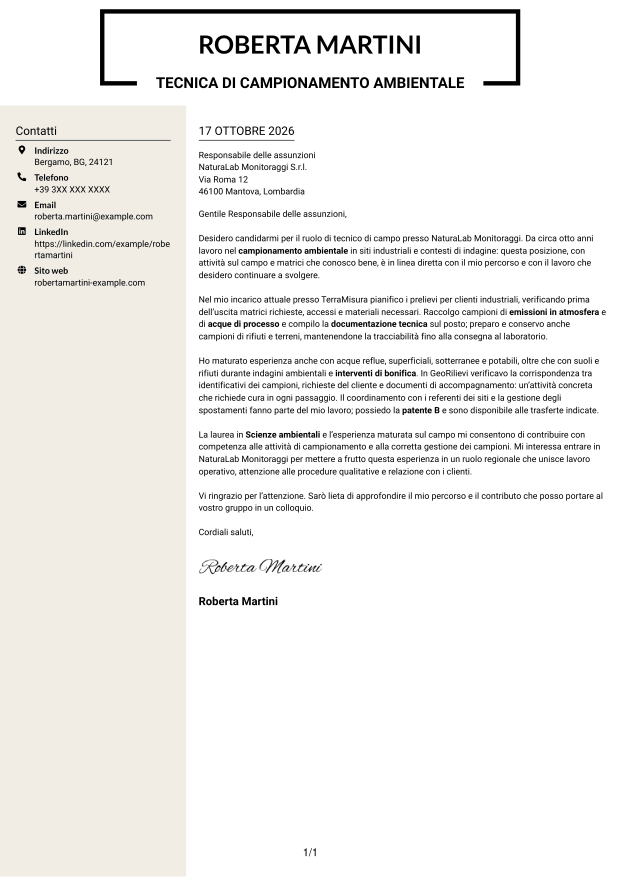 Lettera di presentazione Intraprendente (formato a due colonne con intestazione centrata senza foto): Tecnico di campo - Campionamento ambientale, pagina 1