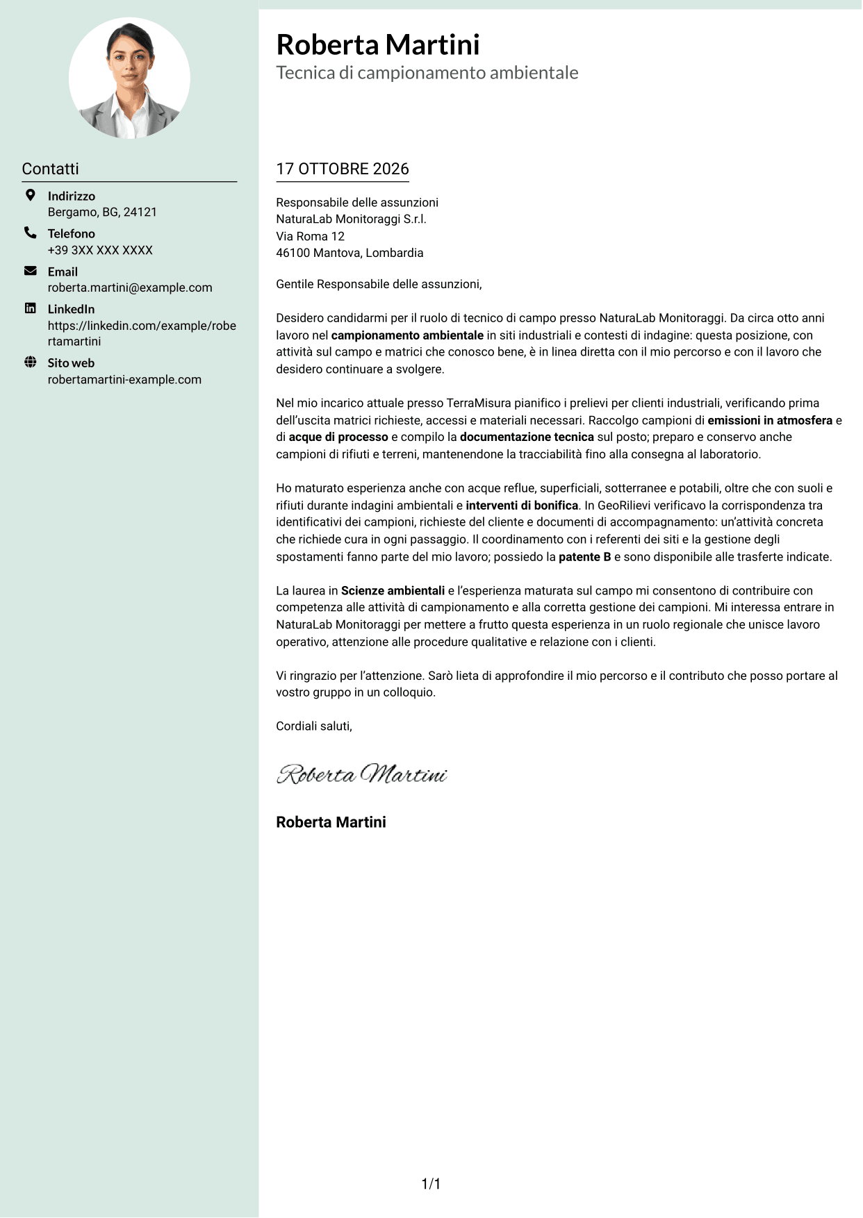 Lettera di presentazione Dirigente (formato con colonna laterale tenue e foto arrotondata): Tecnico di campo - Campionamento ambientale, pagina 1