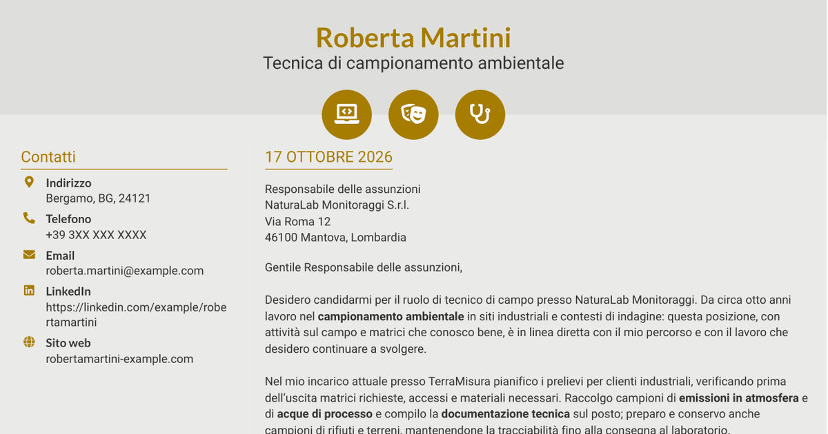 7 modelli di lettera di presentazione per Tecnico di campo - Campionamento ambientale, con esempi