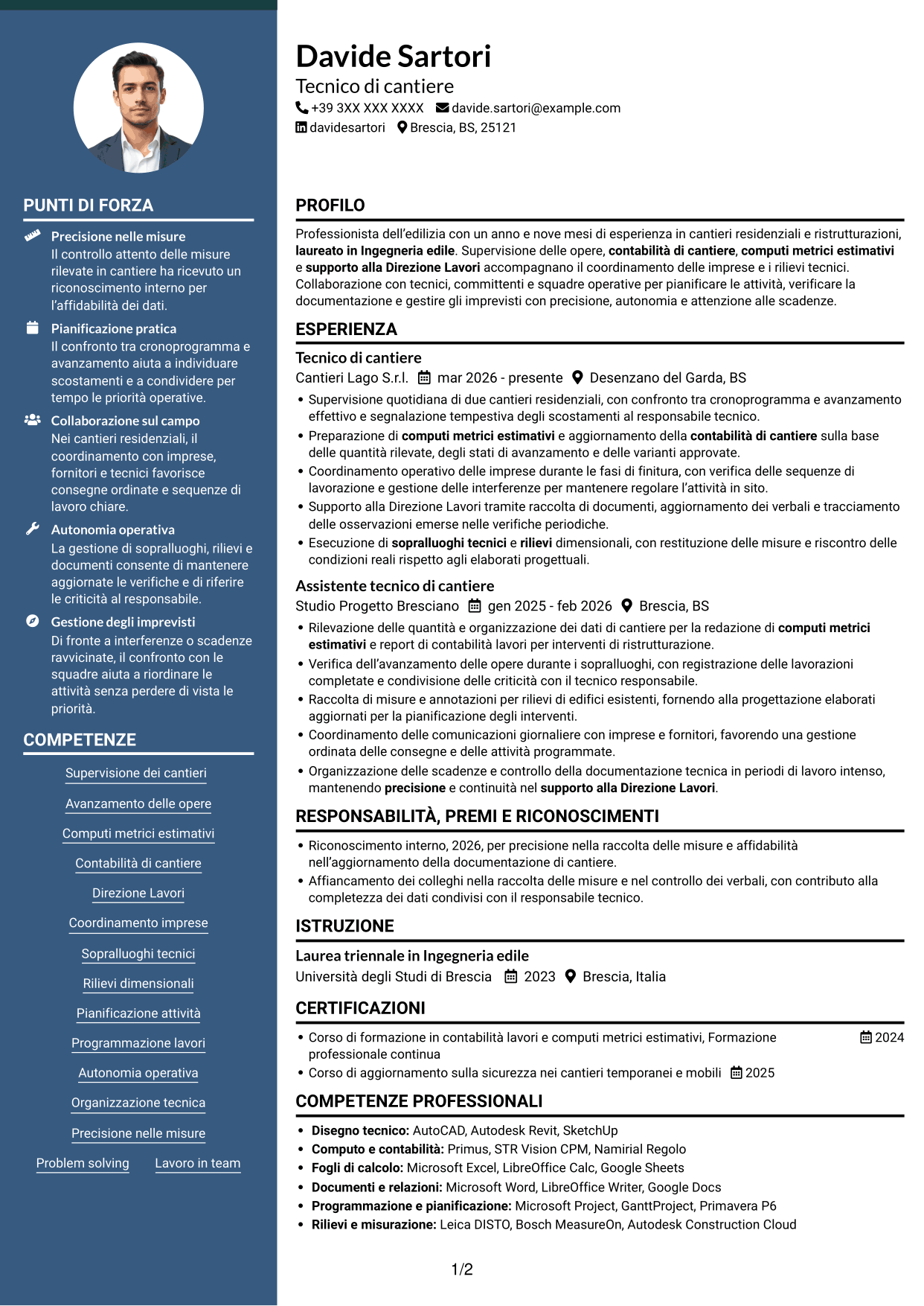 CV Elegante (formato con colonna laterale colorata e foto): Tecnico di cantiere - Direzione lavori e contabilità, pagina 1