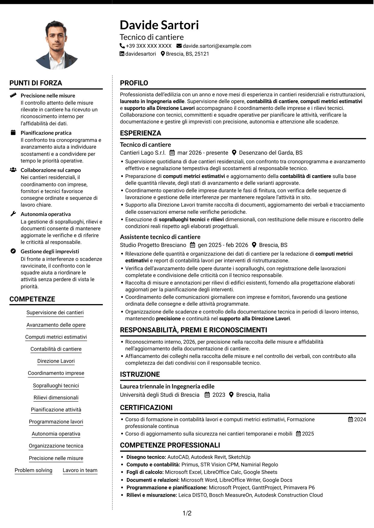 CV Moderno (formato a due colonne con foto a sinistra e separatore): Tecnico di cantiere - Direzione lavori e contabilità, pagina 1