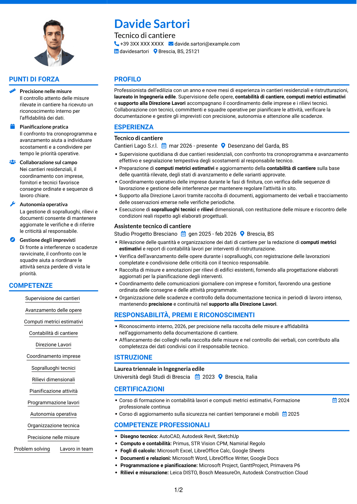 CV Audace (formato a due colonne con accenti colorati e foto): Tecnico di cantiere - Direzione lavori e contabilità, pagina 1