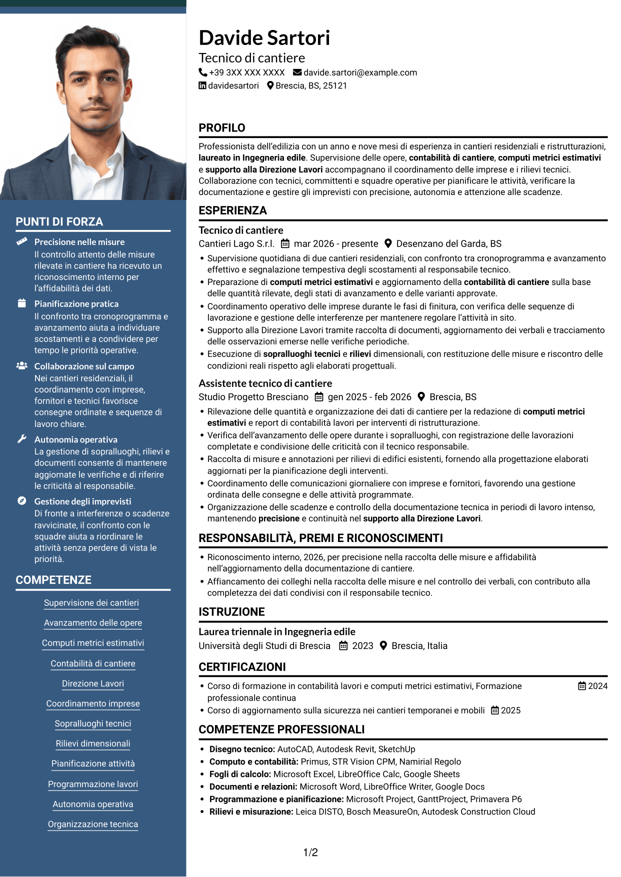 CV Signature (formato con colonna laterale colorata e foto grande): Tecnico di cantiere - Direzione lavori e contabilità, pagina 1