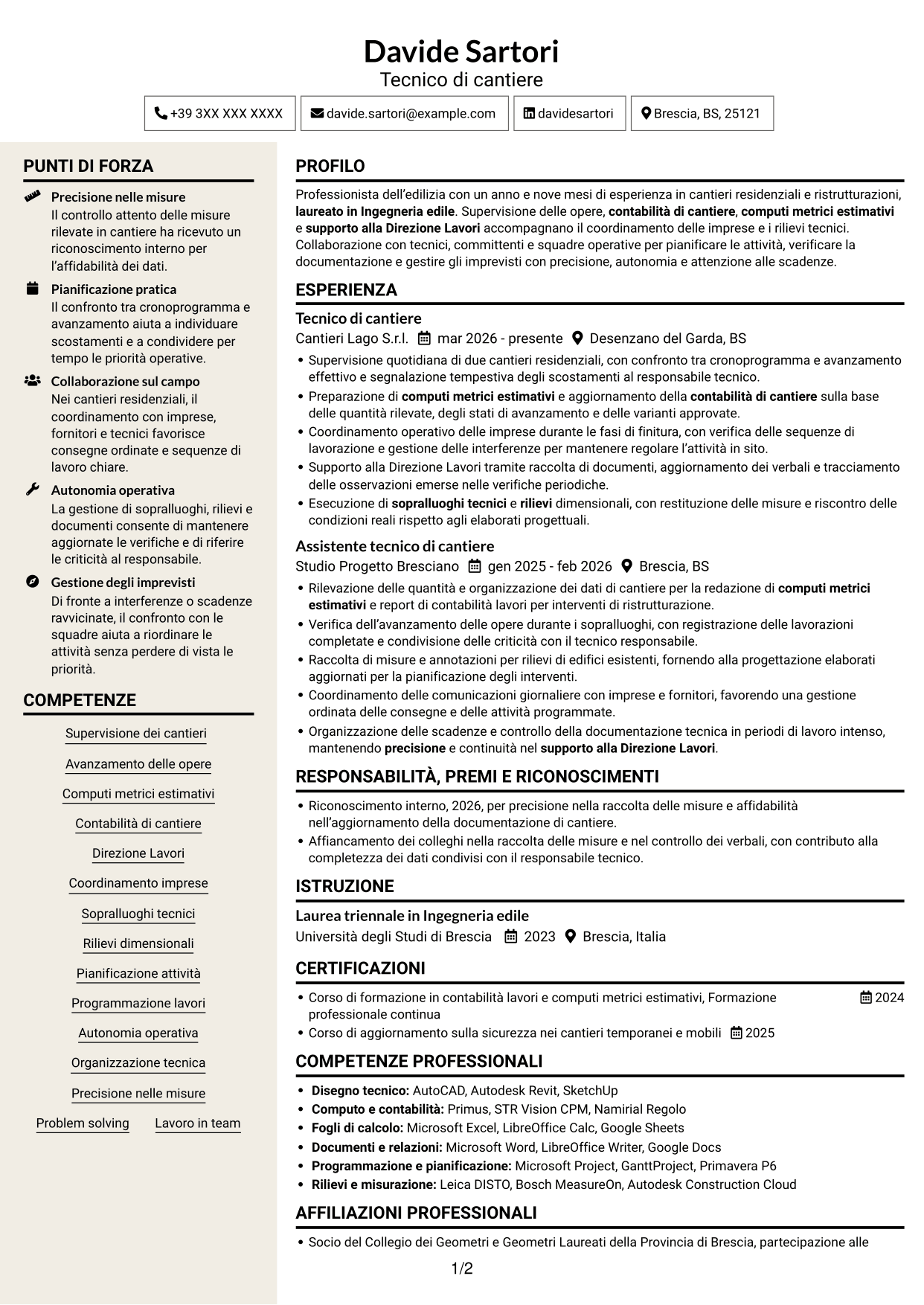 CV Intraprendente (formato a due colonne con intestazione centrata senza foto): Tecnico di cantiere - Direzione lavori e contabilità, pagina 1