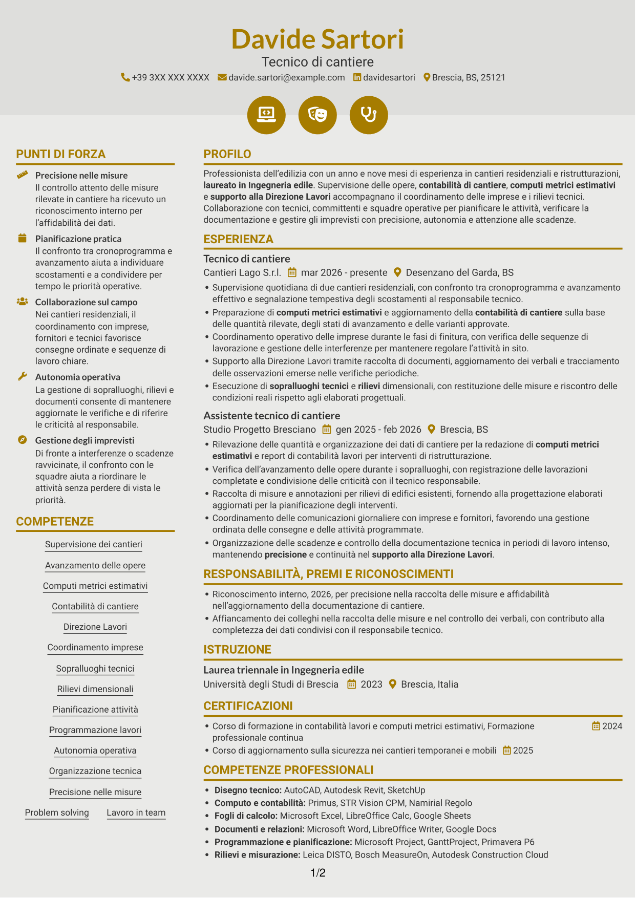 CV Dinamico (formato a due colonne con icone): Tecnico di cantiere - Direzione lavori e contabilità, pagina 1