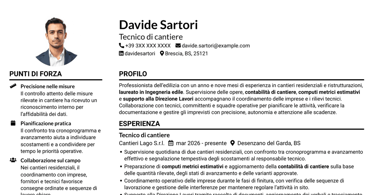 7 modelli di CV per Tecnico di cantiere - Direzione lavori e contabilità, con esempi